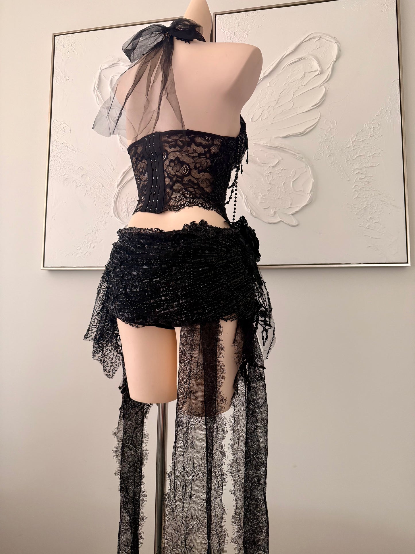 Nightshade Fae Fairy Set | Black Lace Rave Festival Outfit | Top + Skorts + Necklace