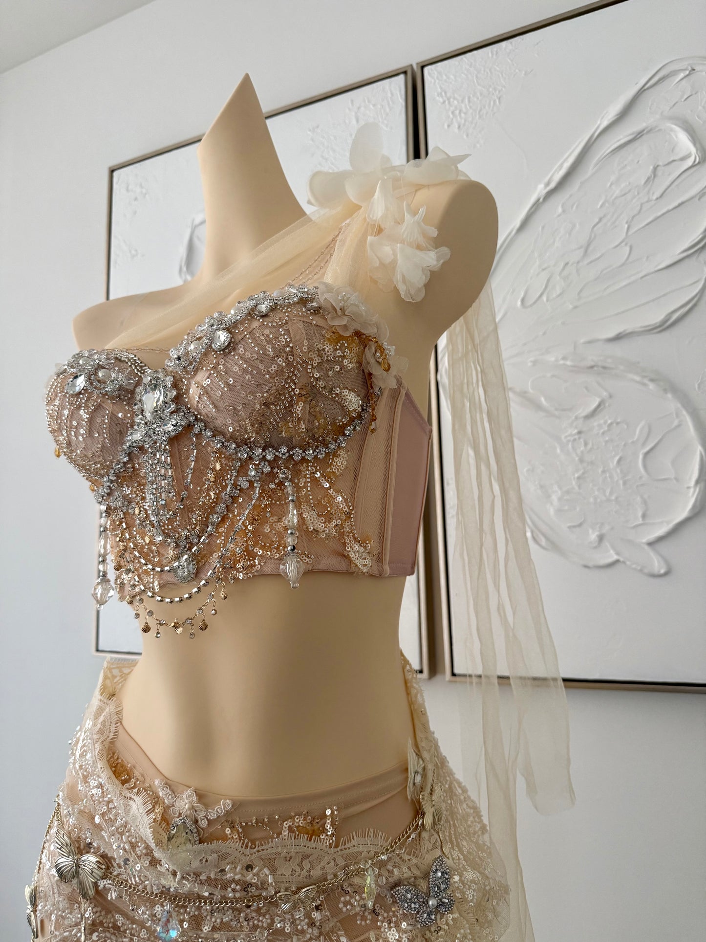 Olympian Glow Fairy Set | Champagne Rave Festival Outfit | Top + Panties + Skirts + Butterfly Waist Chain