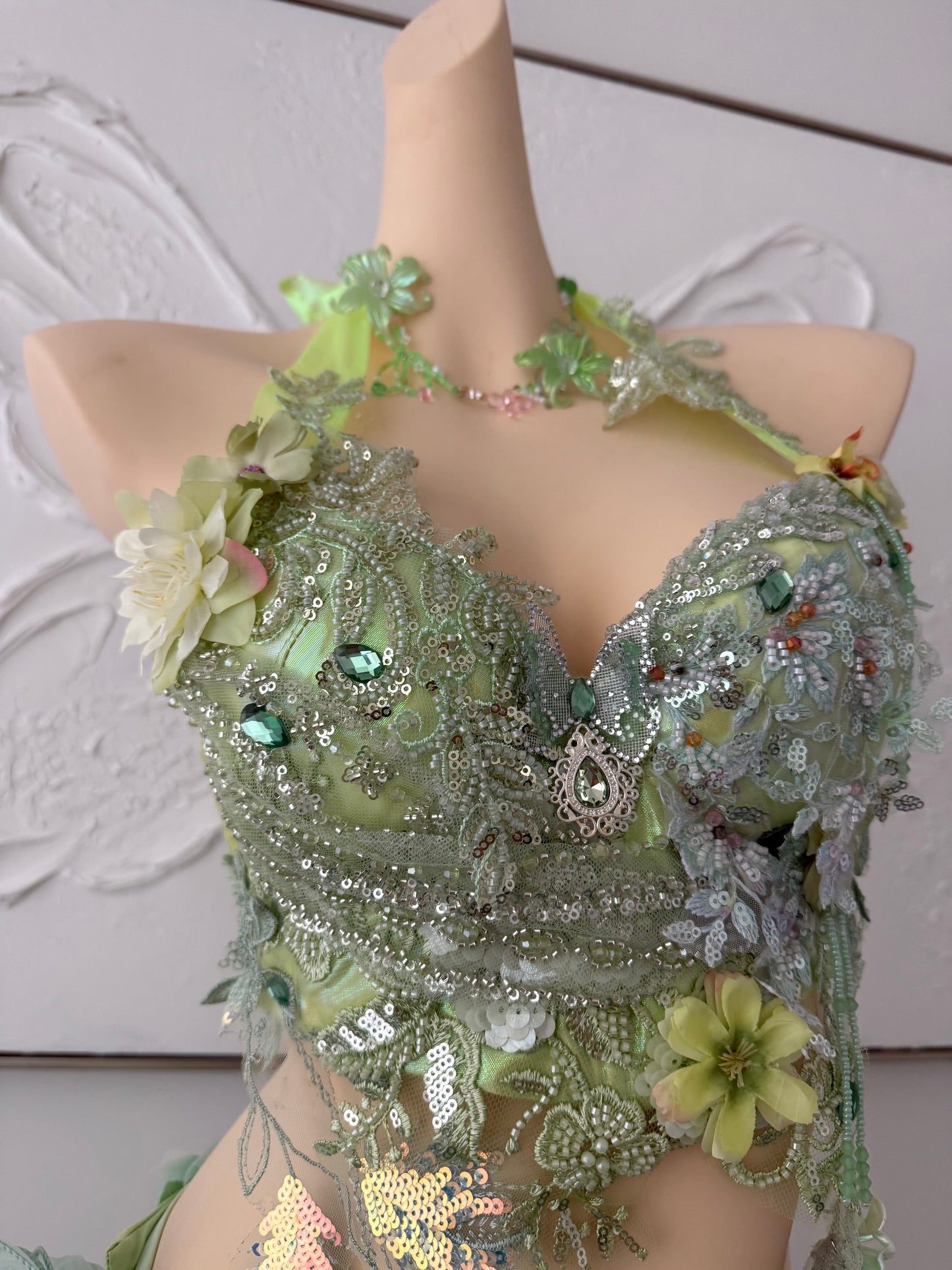 Forest Jewel Fairy Set | Green Floral Rave Festival Outfit | Top + Skirt + Shorts + Necklace