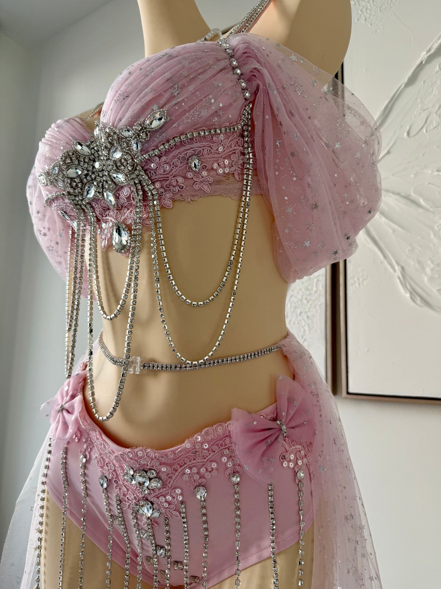 Blush Starlight Rave Festival Outfit | Pink Top + Bottom + Mesh Skirt