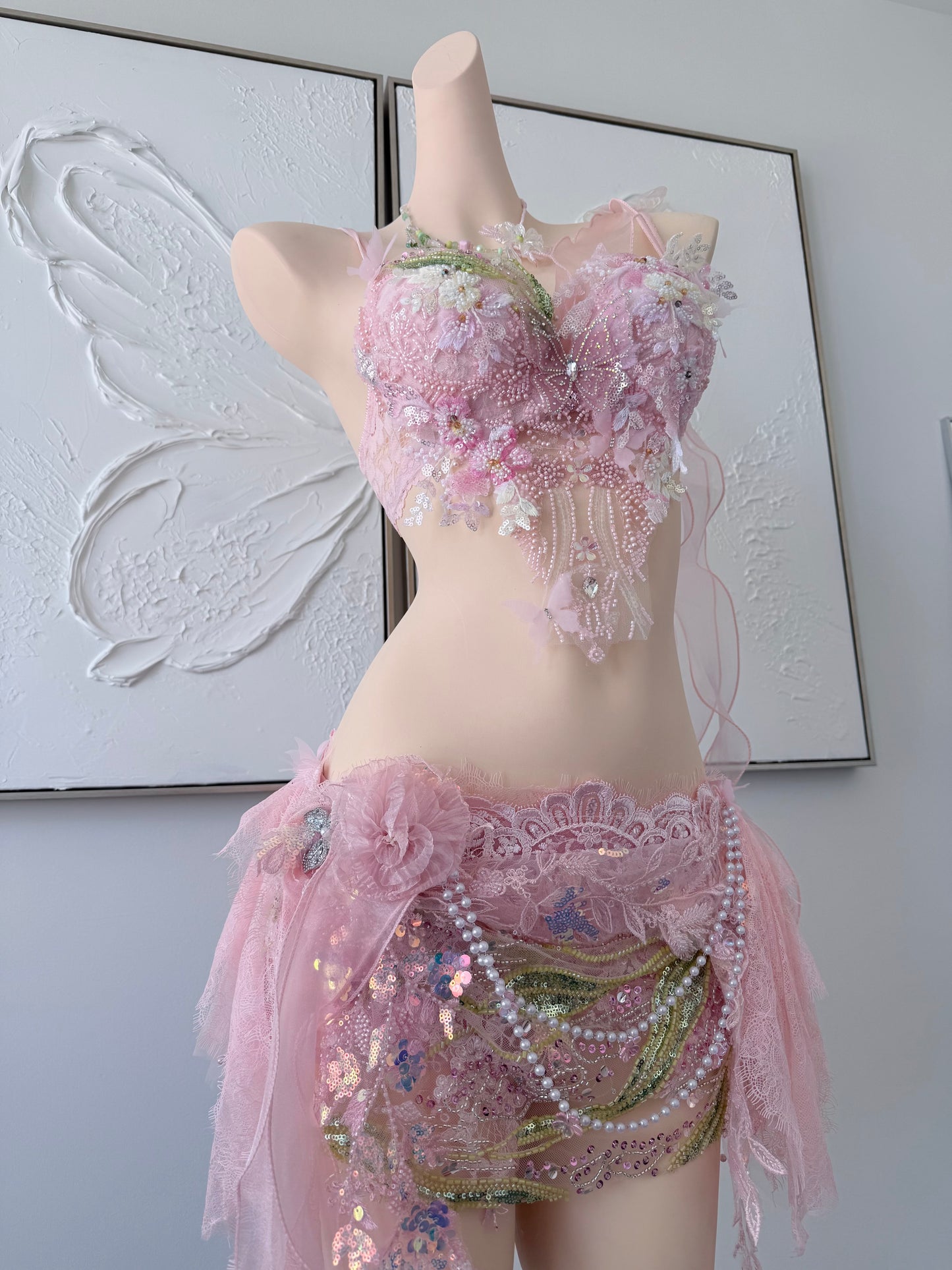 Sugar Bloom Fairy Set | Pink Floral Rave Festival Outfit | Top + Skirt + Shorts + Necklace