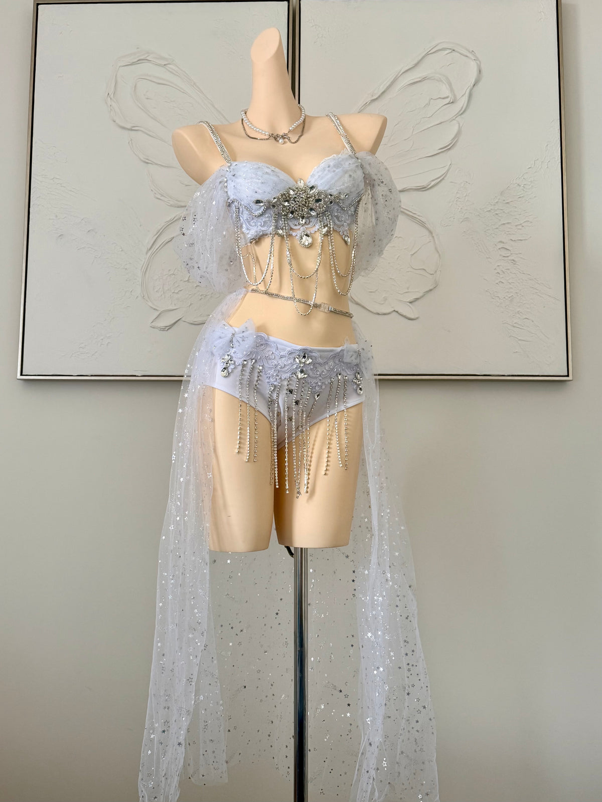 Starlight Angel Rave Festival Outfit | White Top + Bottom + Mesh Skirt