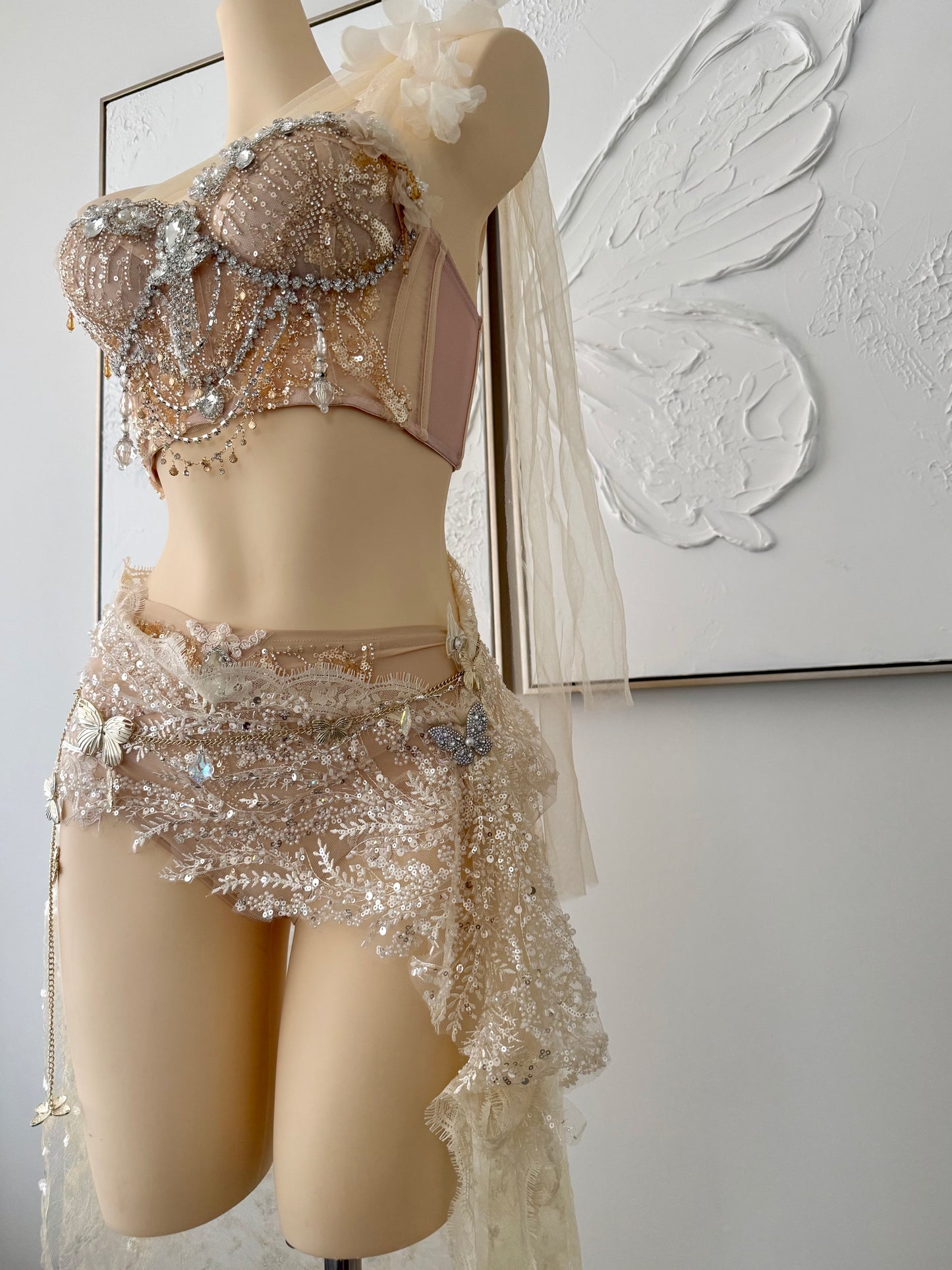 Olympian Glow Fairy Set | Champagne Rave Festival Outfit | Top + Panties + Skirts + Butterfly Waist Chain