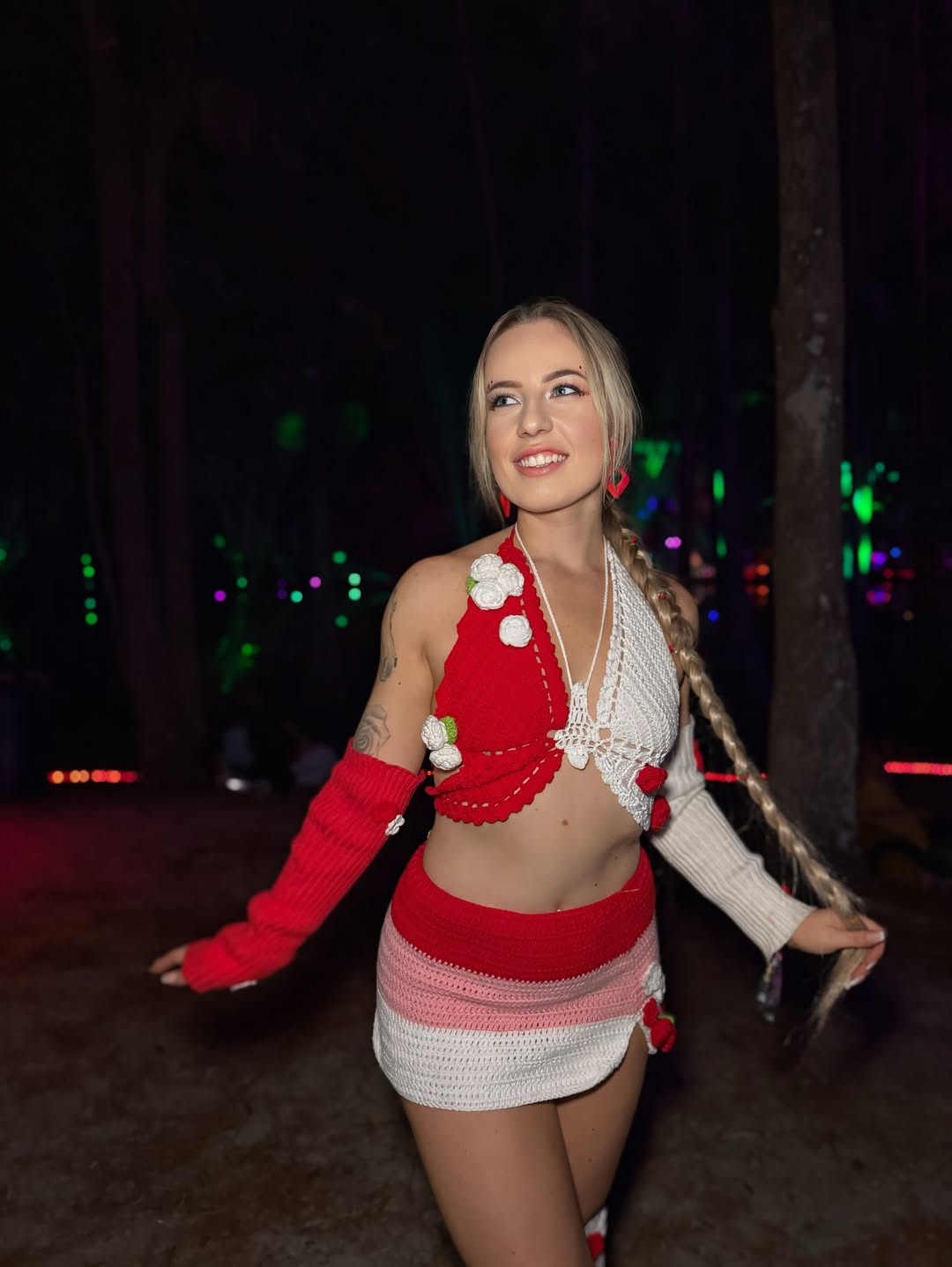 Electric Forest Red Crochet 4 Piece Rave Festival Set (Top + Skirt + Sleeves + Leg Warmers)