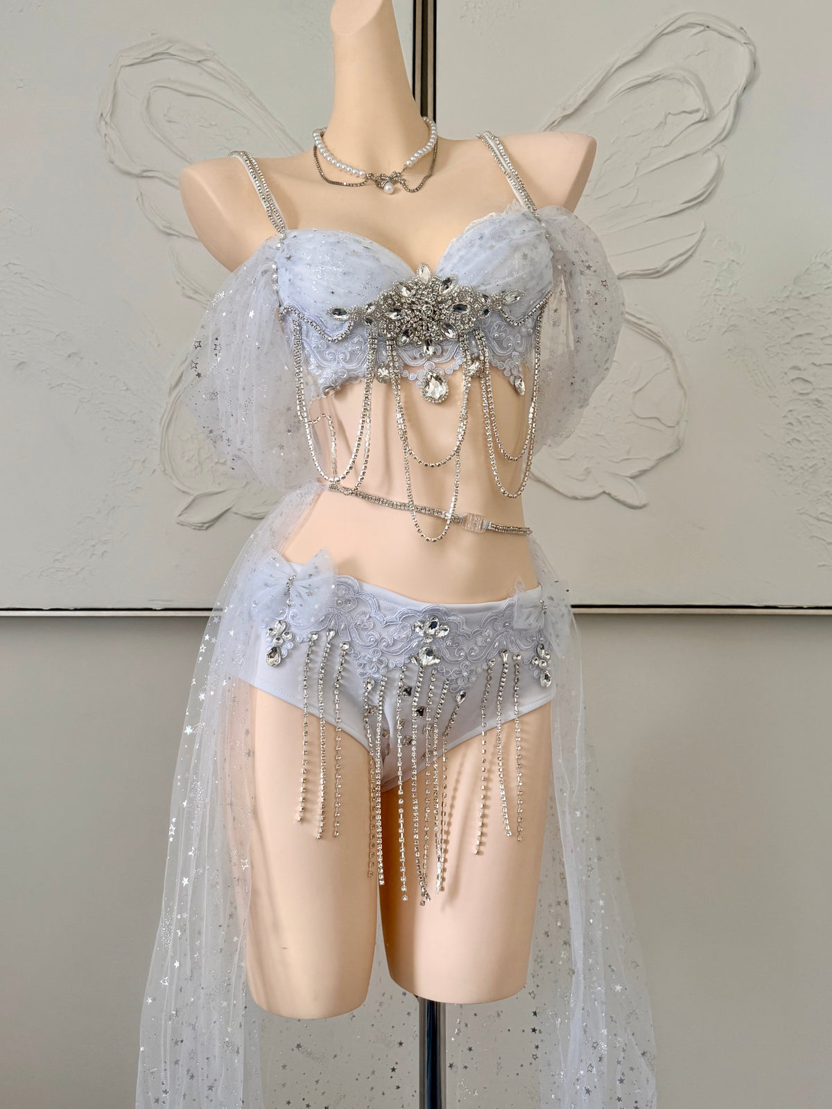Starlight Angel Rave Festival Outfit | White Top + Bottom + Mesh Skirt