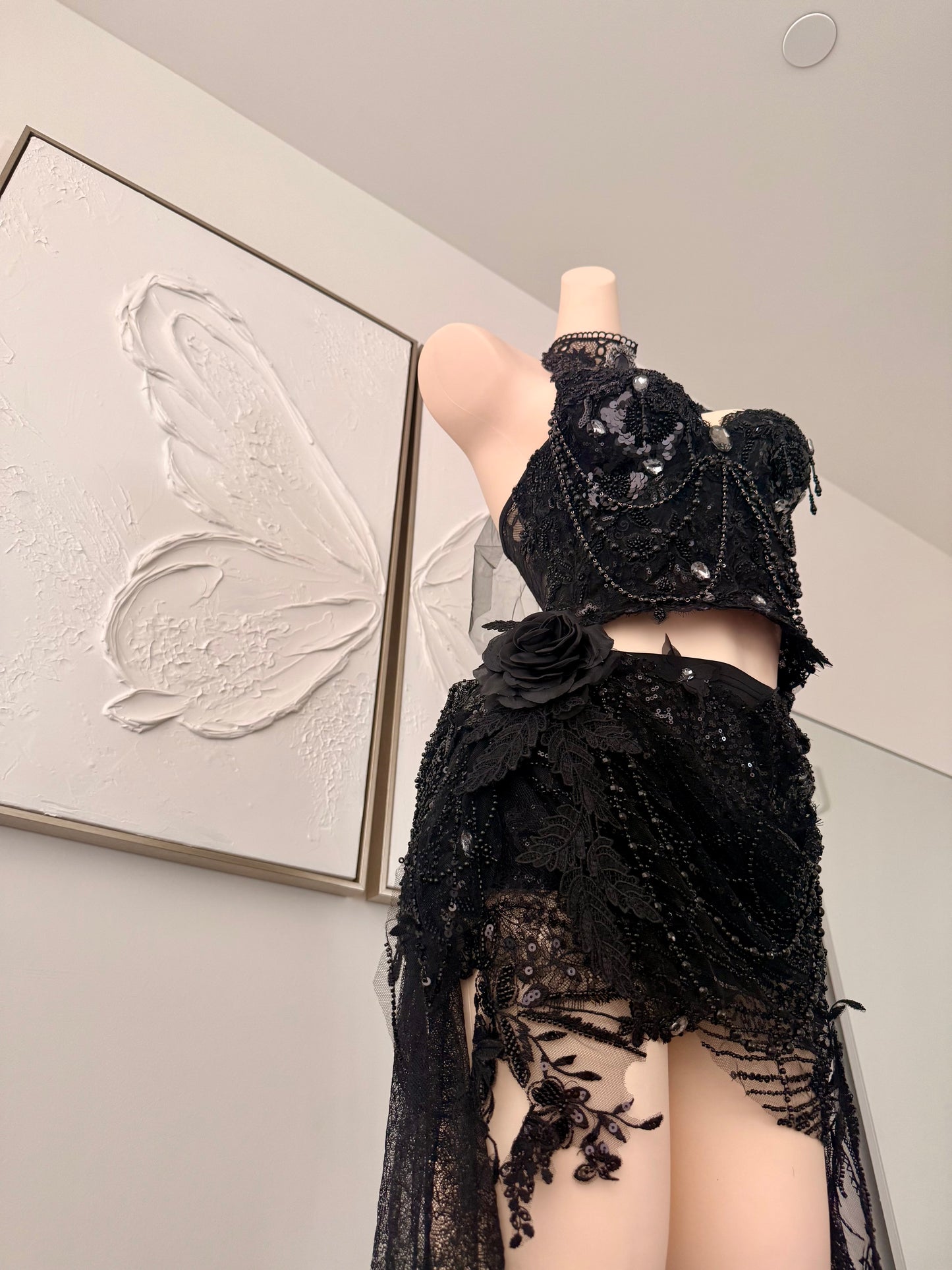 Nightshade Fae Fairy Set | Black Lace Rave Festival Outfit | Top + Skorts + Necklace