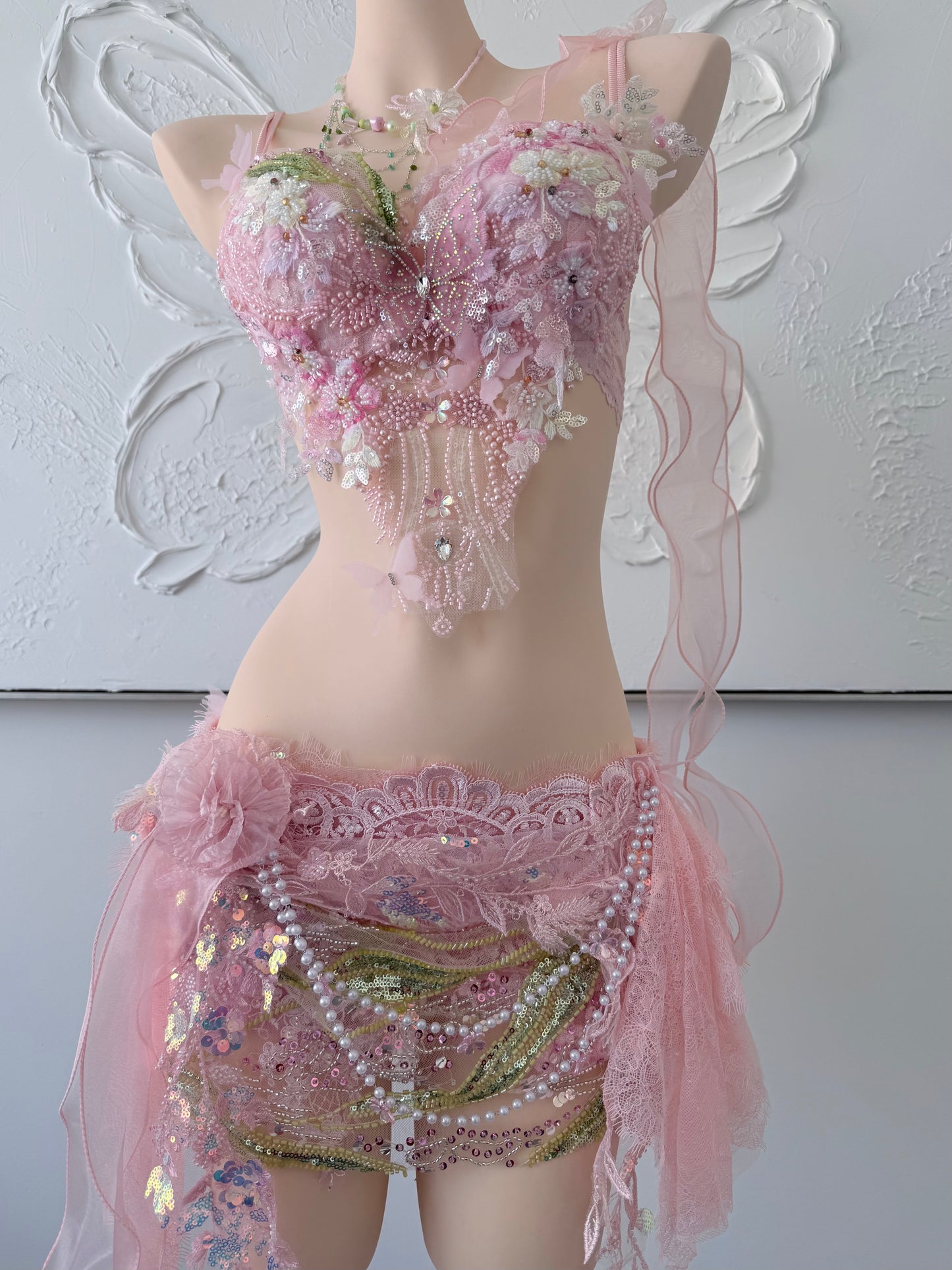Sugar Bloom Fairy Set | Pink Floral Rave Festival Outfit | Top + Skirt + Shorts + Necklace