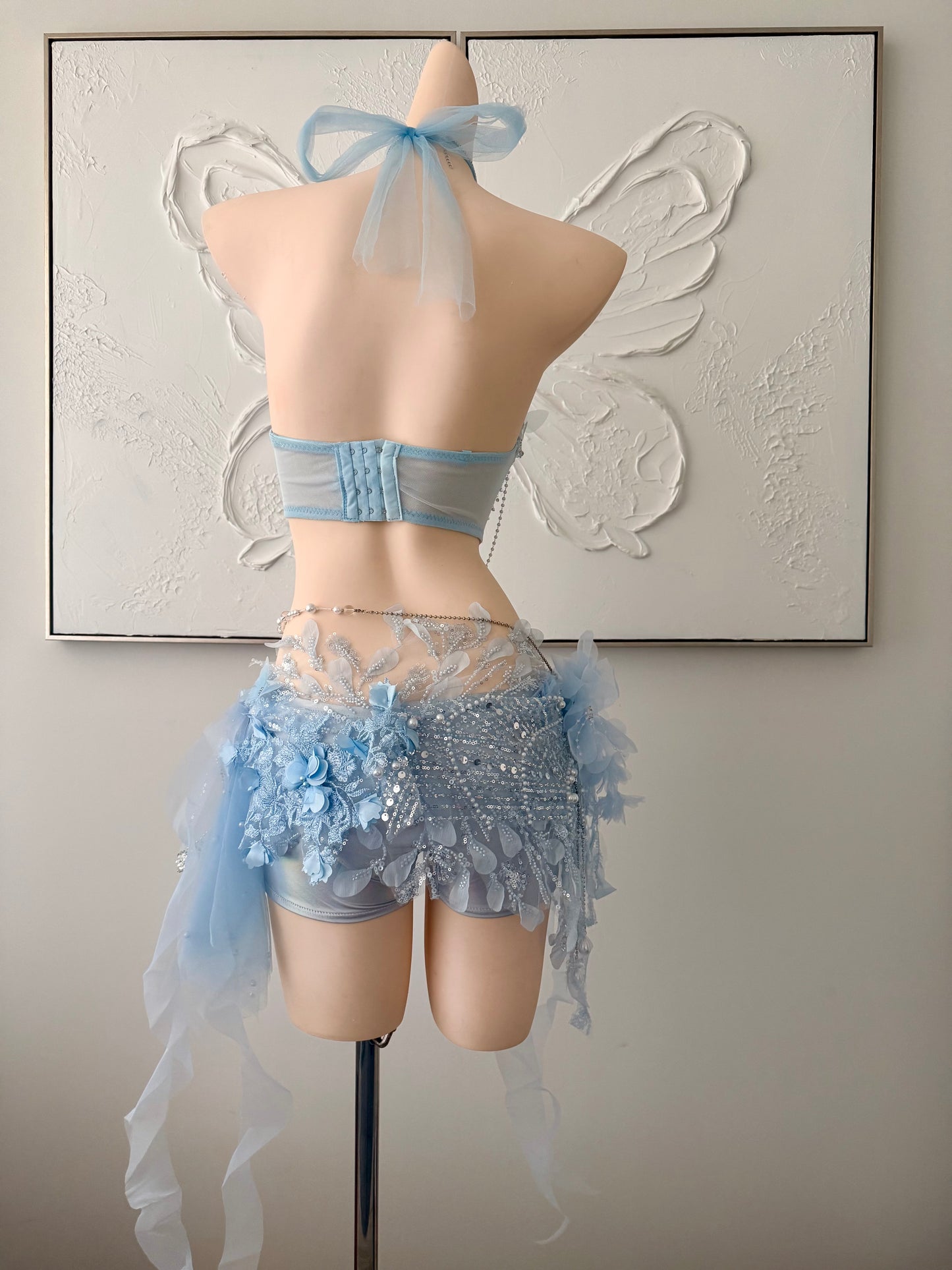 Moonlight Tide Fairy Set | Blue Floral Rave Festival Outfit | Top + Skirt + Shorts + Necklace + Waist Chain
