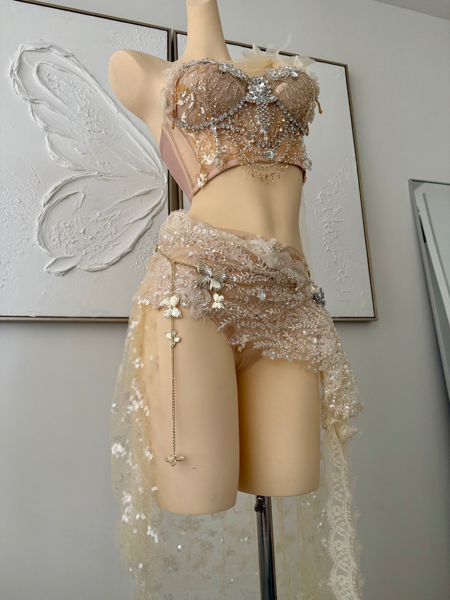 Olympian Glow Fairy Set | Champagne Rave Festival Outfit | Top + Panties + Skirts + Butterfly Waist Chain
