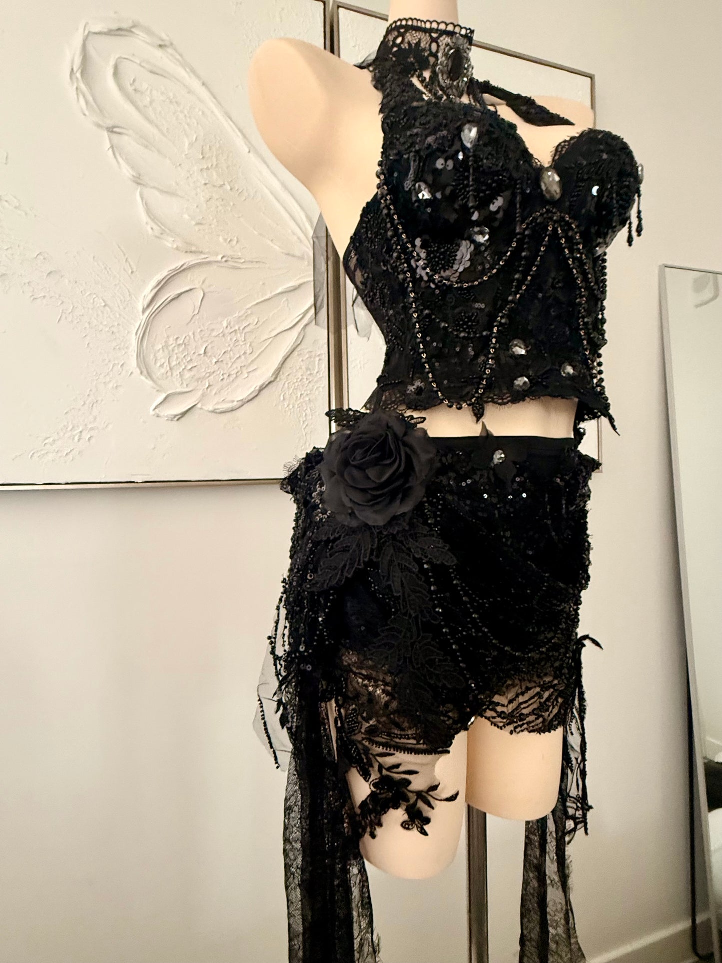 Nightshade Fae Fairy Set | Black Lace Rave Festival Outfit | Top + Skorts + Necklace