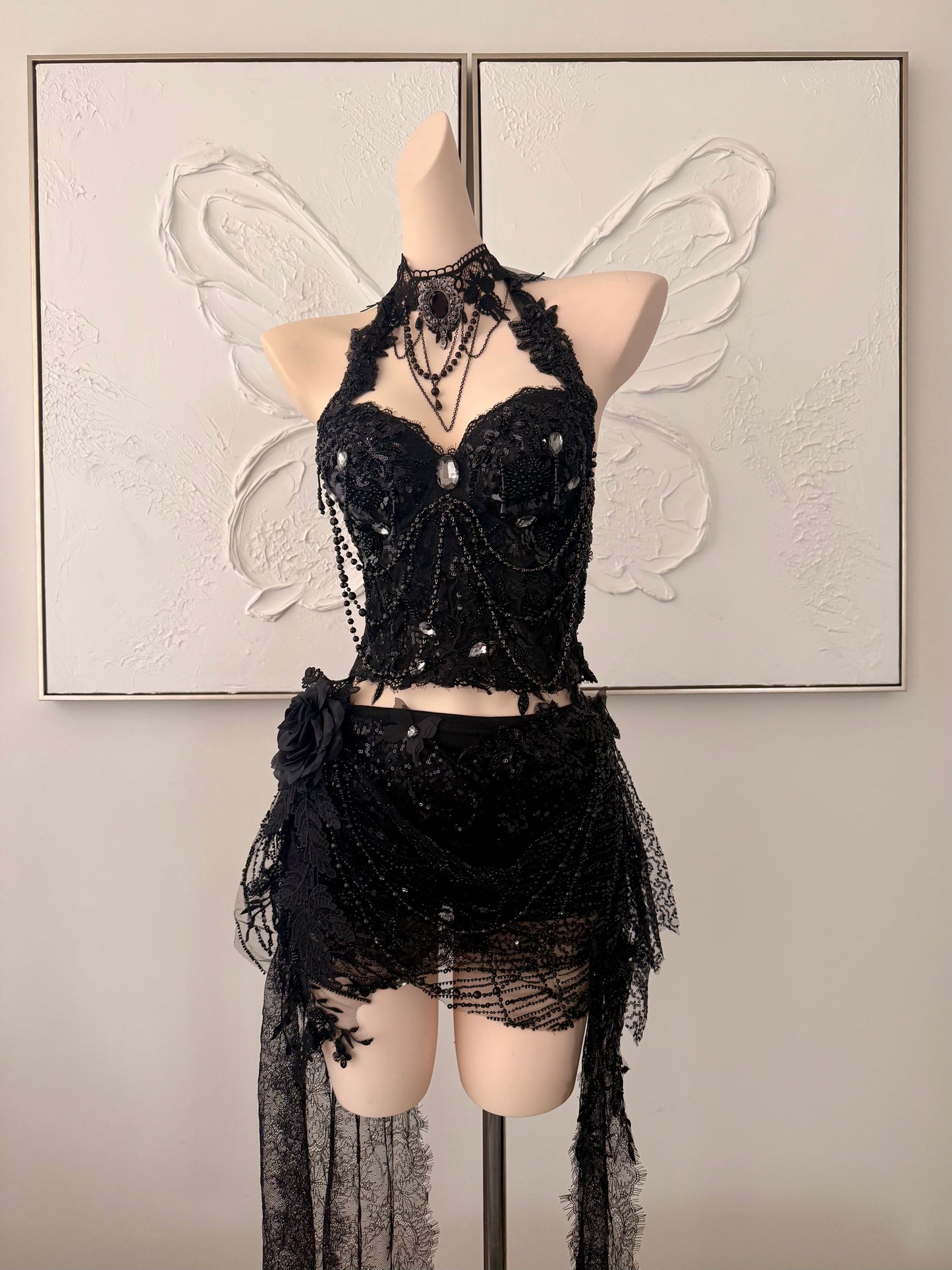 Nightshade Fae Fairy Set | Black Lace Rave Festival Outfit | Top + Skorts + Necklace