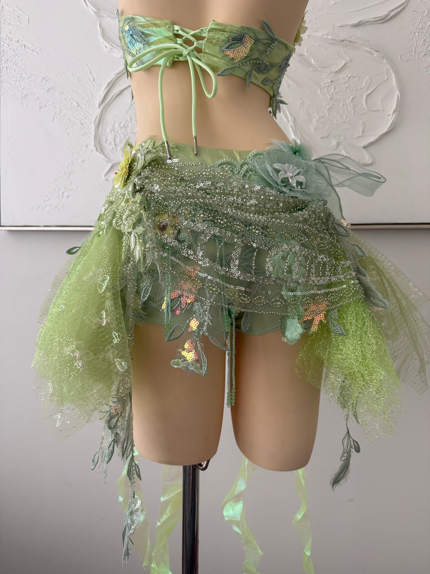 Forest Jewel Fairy Set | Green Floral Rave Festival Outfit | Top + Skirt + Shorts + Necklace