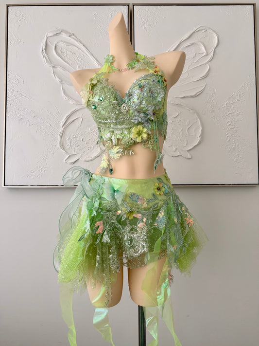 Forest Jewel Fairy Set | Green Floral Rave Festival Outfit | Top + Skirt + Shorts + Necklace