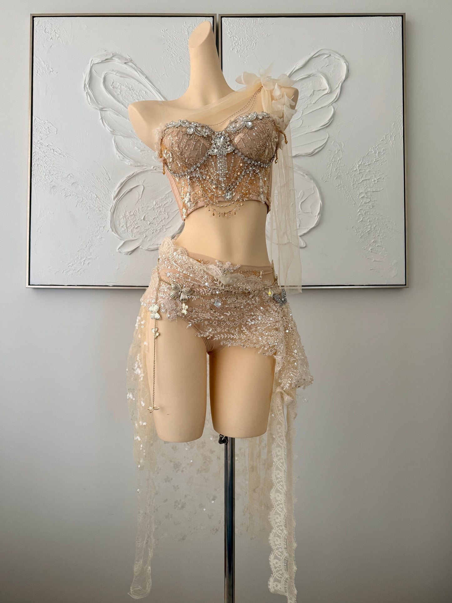 Olympian Glow Fairy Set | Champagne Rave Festival Outfit | Top + Panties + Skirts + Butterfly Waist Chain