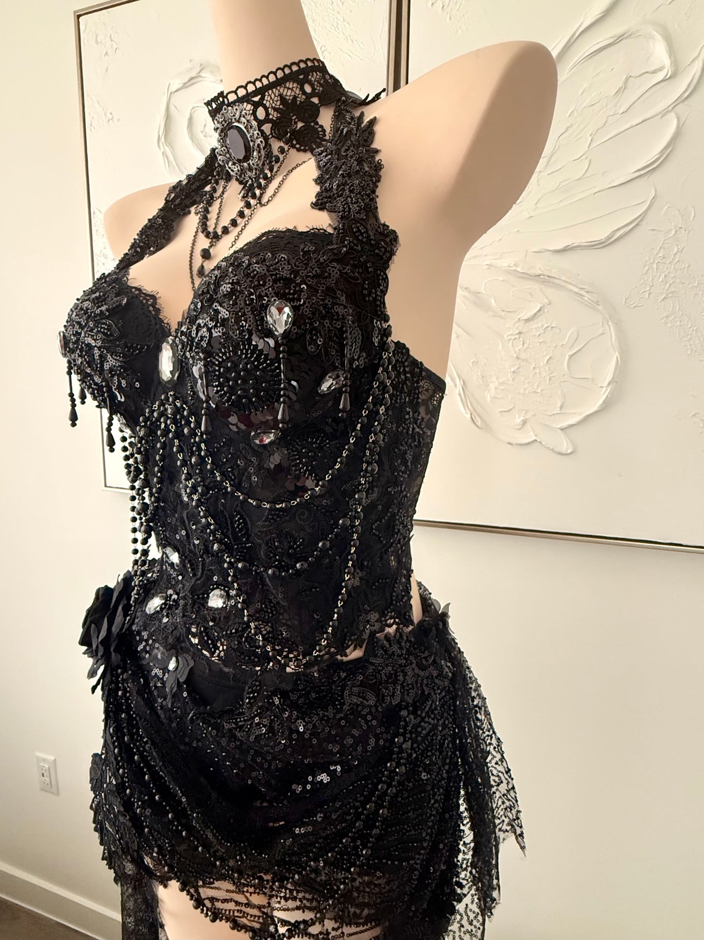 Nightshade Fae Fairy Set | Black Lace Rave Festival Outfit | Top + Skorts + Necklace