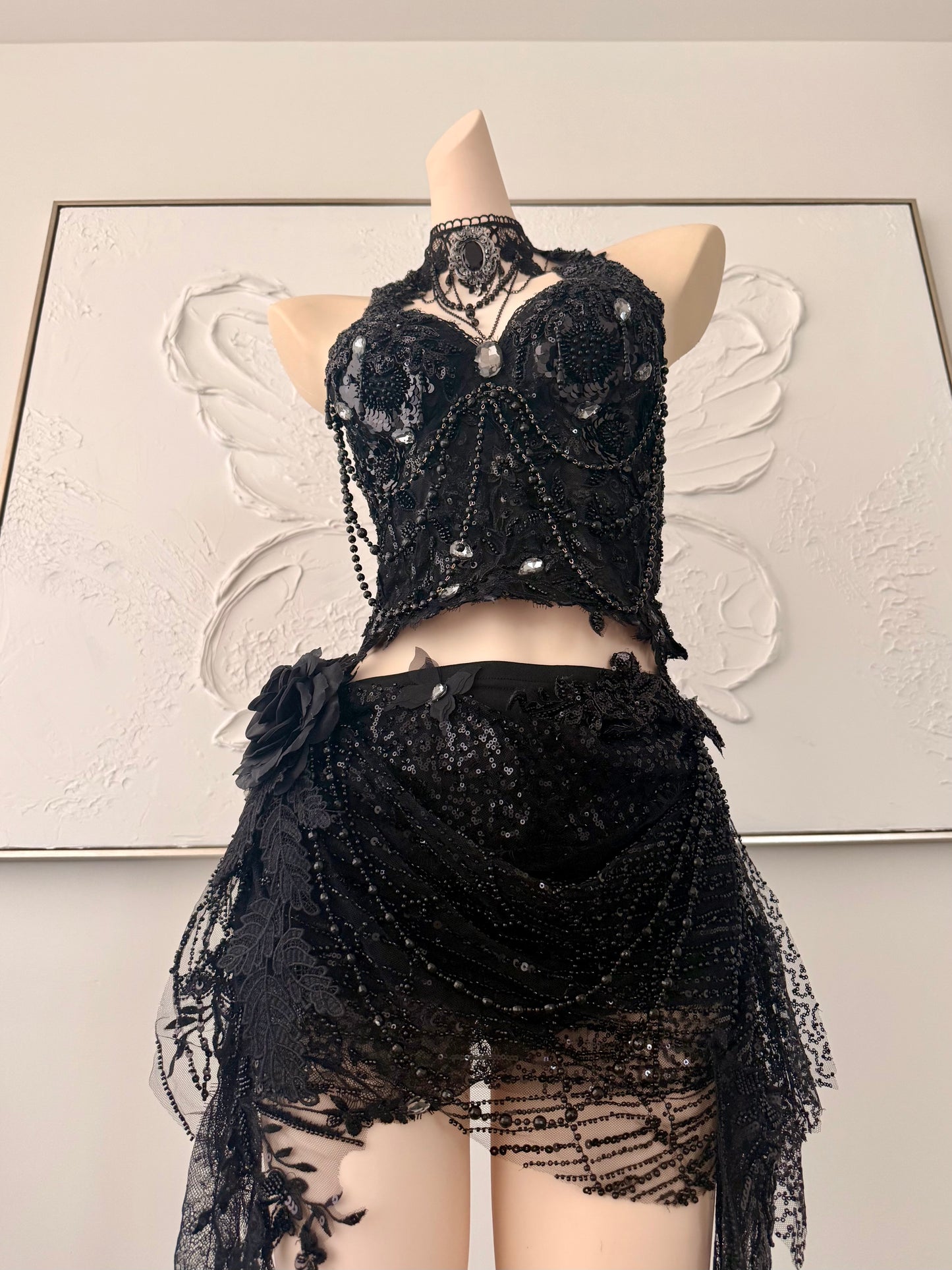 Nightshade Fae Fairy Set | Black Lace Rave Festival Outfit | Top + Skorts + Necklace
