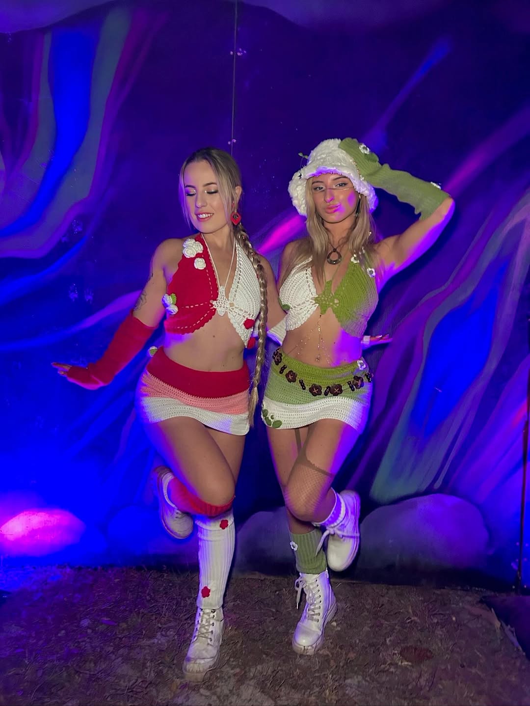 Electric Forest Green Crochet Rave Outfit | 4 Piece Set (Top + Skirt + Sleeves + Leg Warmers)