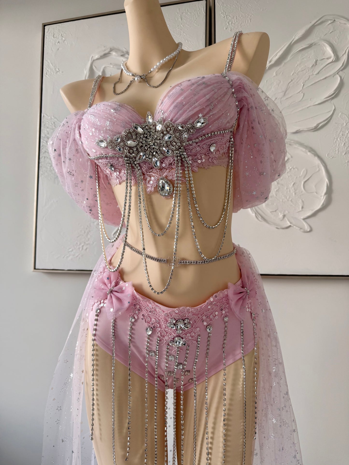 Blush Starlight Rave Festival Outfit | Pink Top + Bottom + Mesh Skirt
