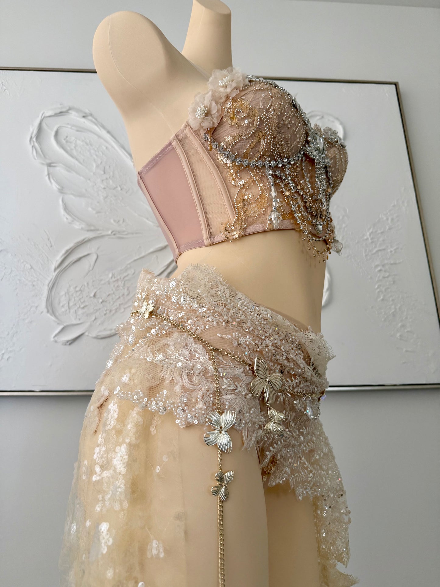Olympian Glow Fairy Set | Champagne Rave Festival Outfit | Top + Panties + Skirts + Butterfly Waist Chain