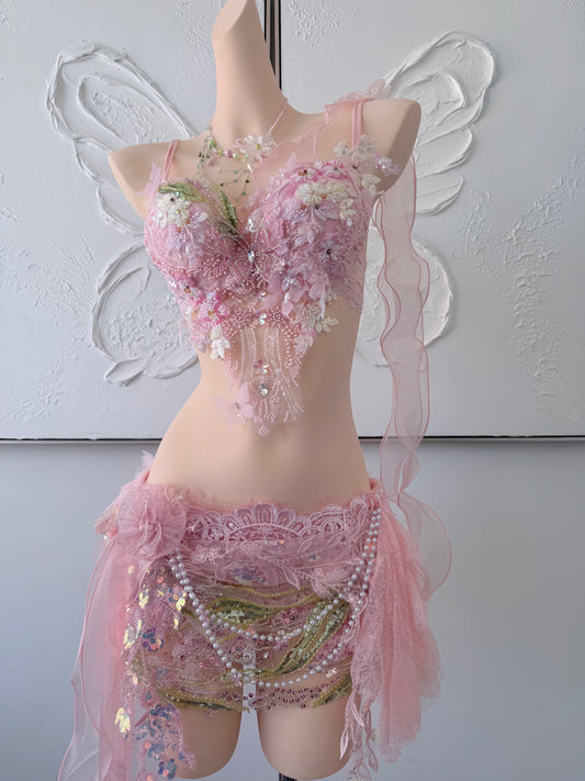 Sugar Bloom Fairy Set | Pink Floral Rave Festival Outfit | Top + Skirt + Shorts + Necklace