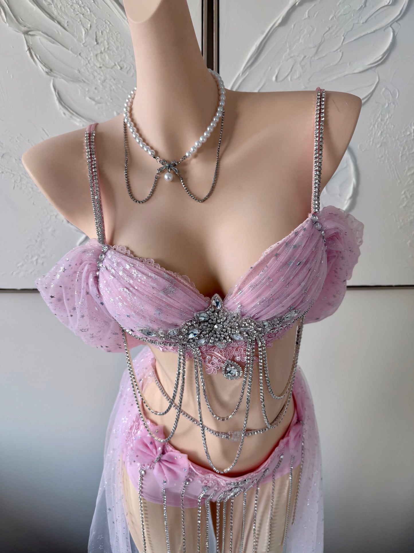 Blush Starlight Rave Festival Outfit | Pink Top + Bottom + Mesh Skirt