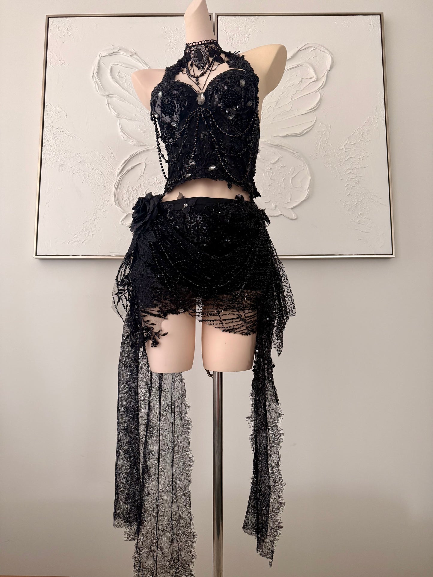 Nightshade Fae Fairy Set | Black Lace Rave Festival Outfit | Top + Skorts + Necklace