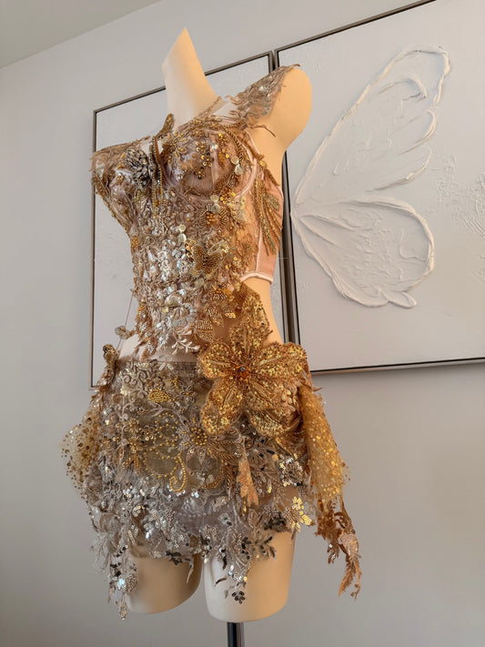 Gilded Fae Fairy Set | Golden Floral Rave Festival Outfit | Top + Skorts + Necklace (Copy)