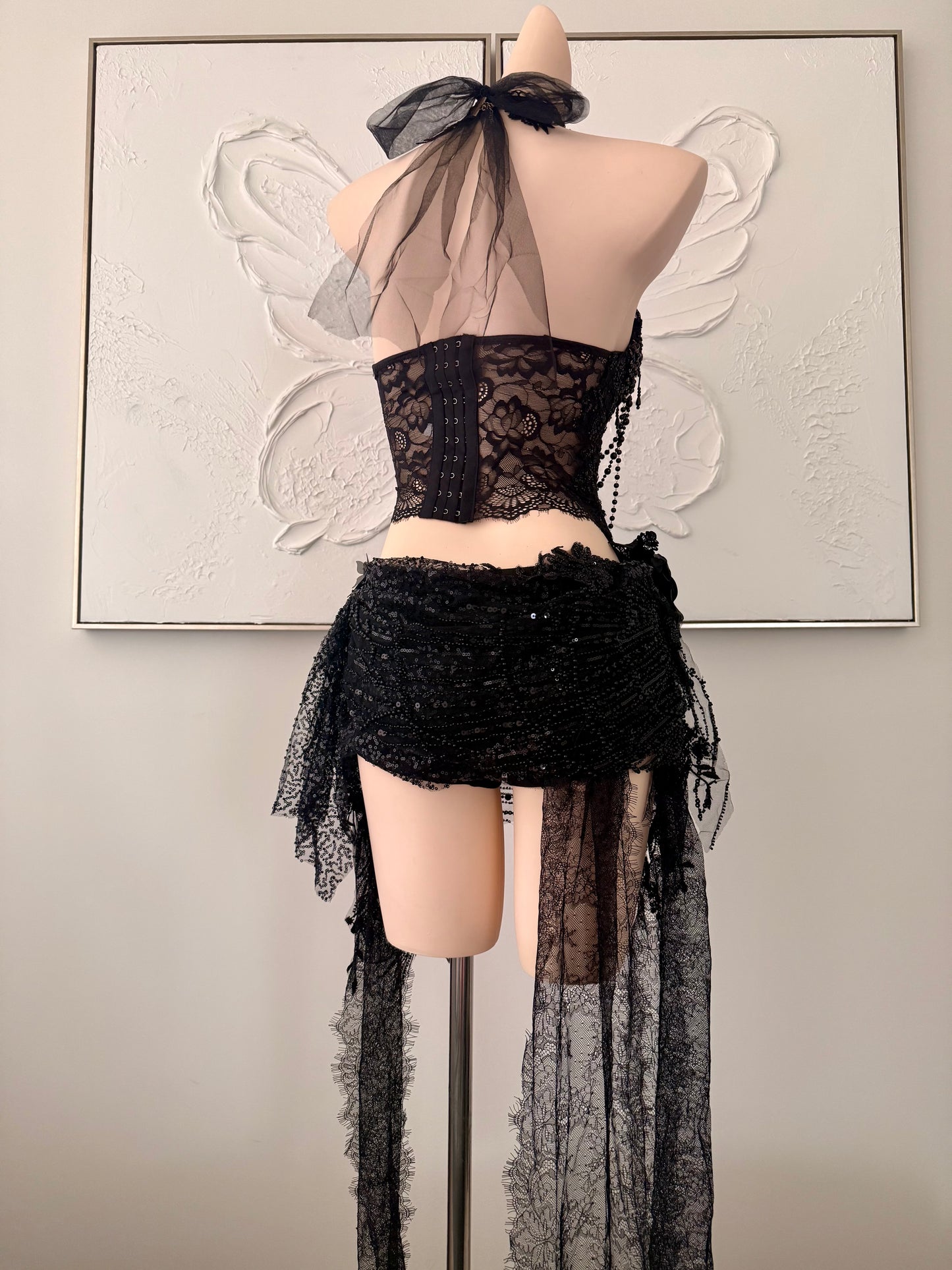 Nightshade Fae Fairy Set | Black Lace Rave Festival Outfit | Top + Skorts + Necklace