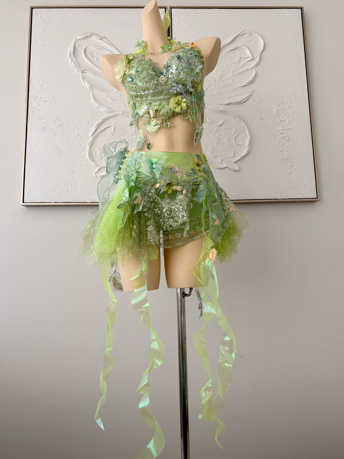 Forest Jewel Fairy Set | Green Floral Rave Festival Outfit | Top + Skirt + Shorts + Necklace