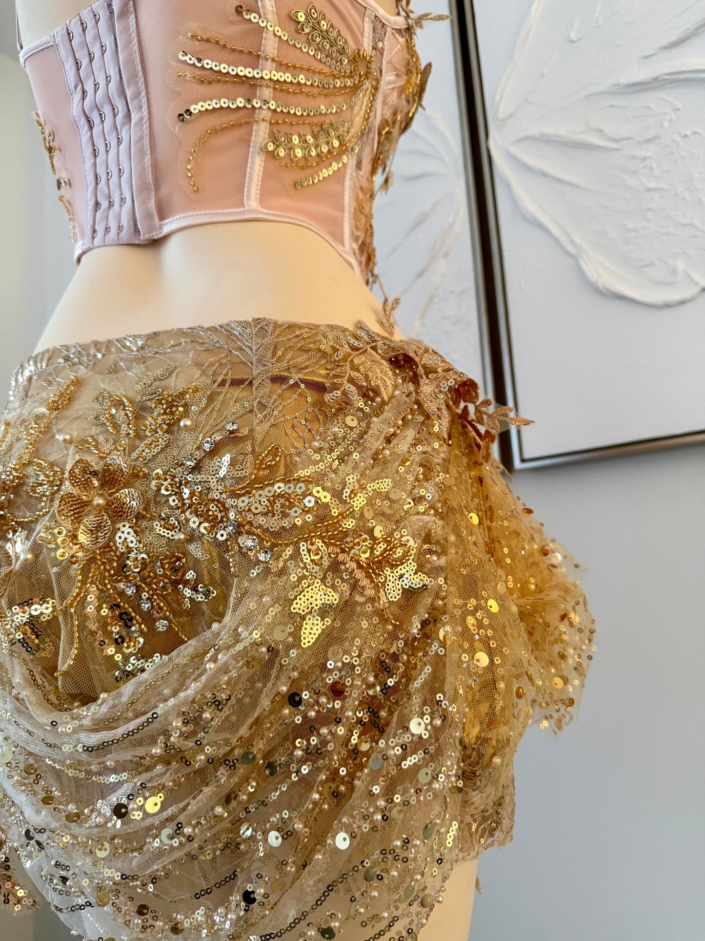 Gilded Fae Fairy Set | Golden Floral Rave Festival Outfit | Top + Skorts + Necklace (Copy)