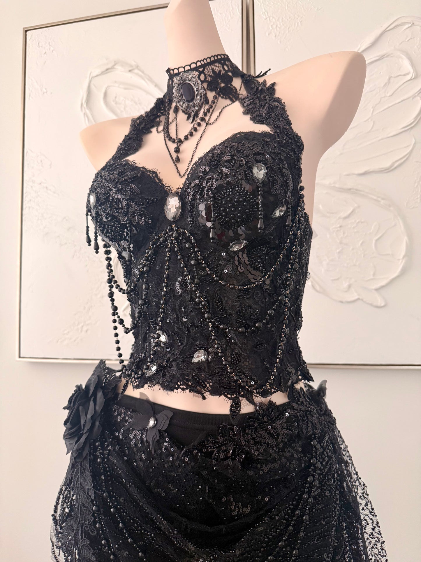 Nightshade Fae Fairy Set | Black Lace Rave Festival Outfit | Top + Skorts + Necklace