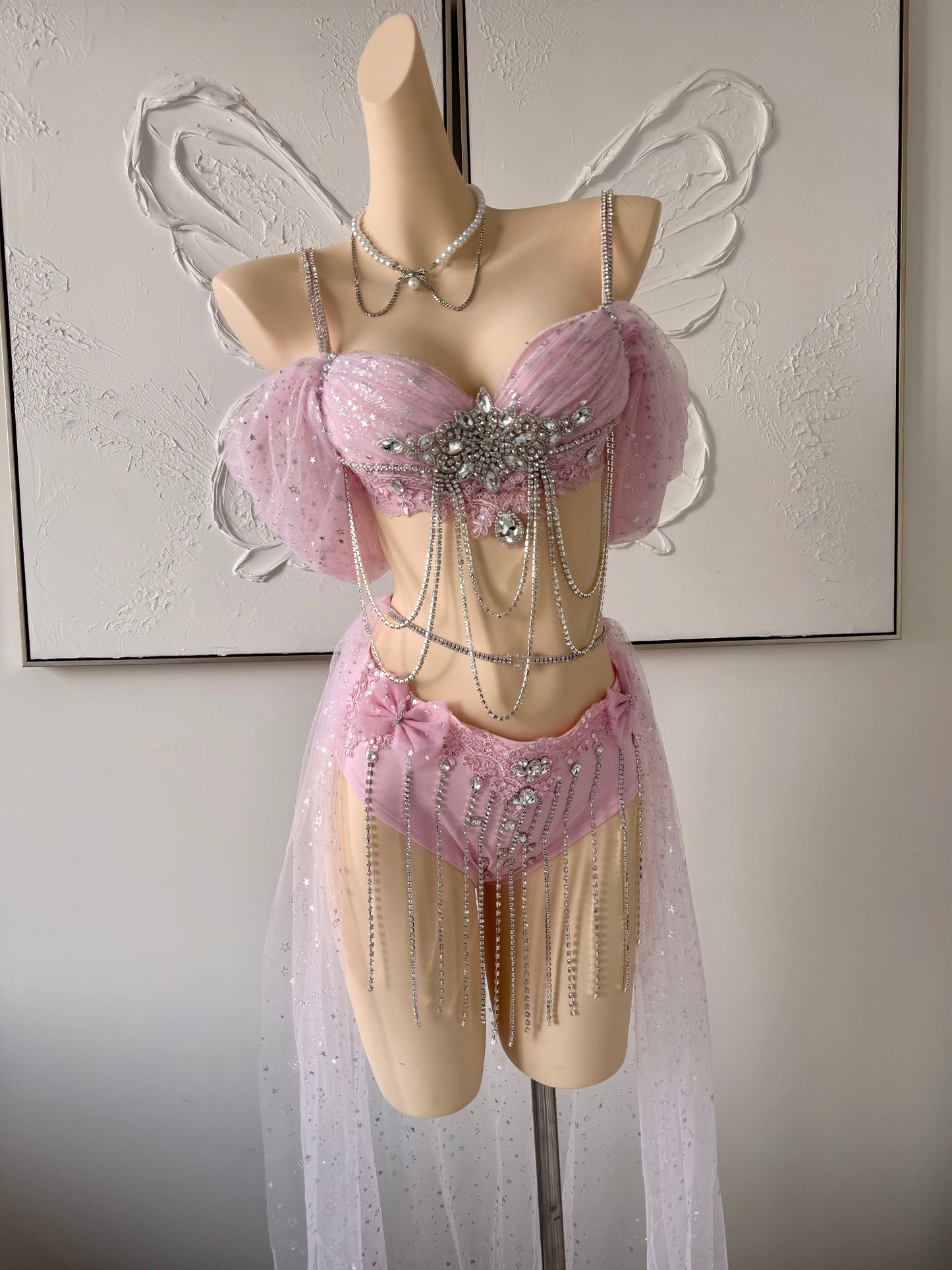 Blush Starlight Rave Festival Outfit | Pink Top + Bottom + Mesh Skirt