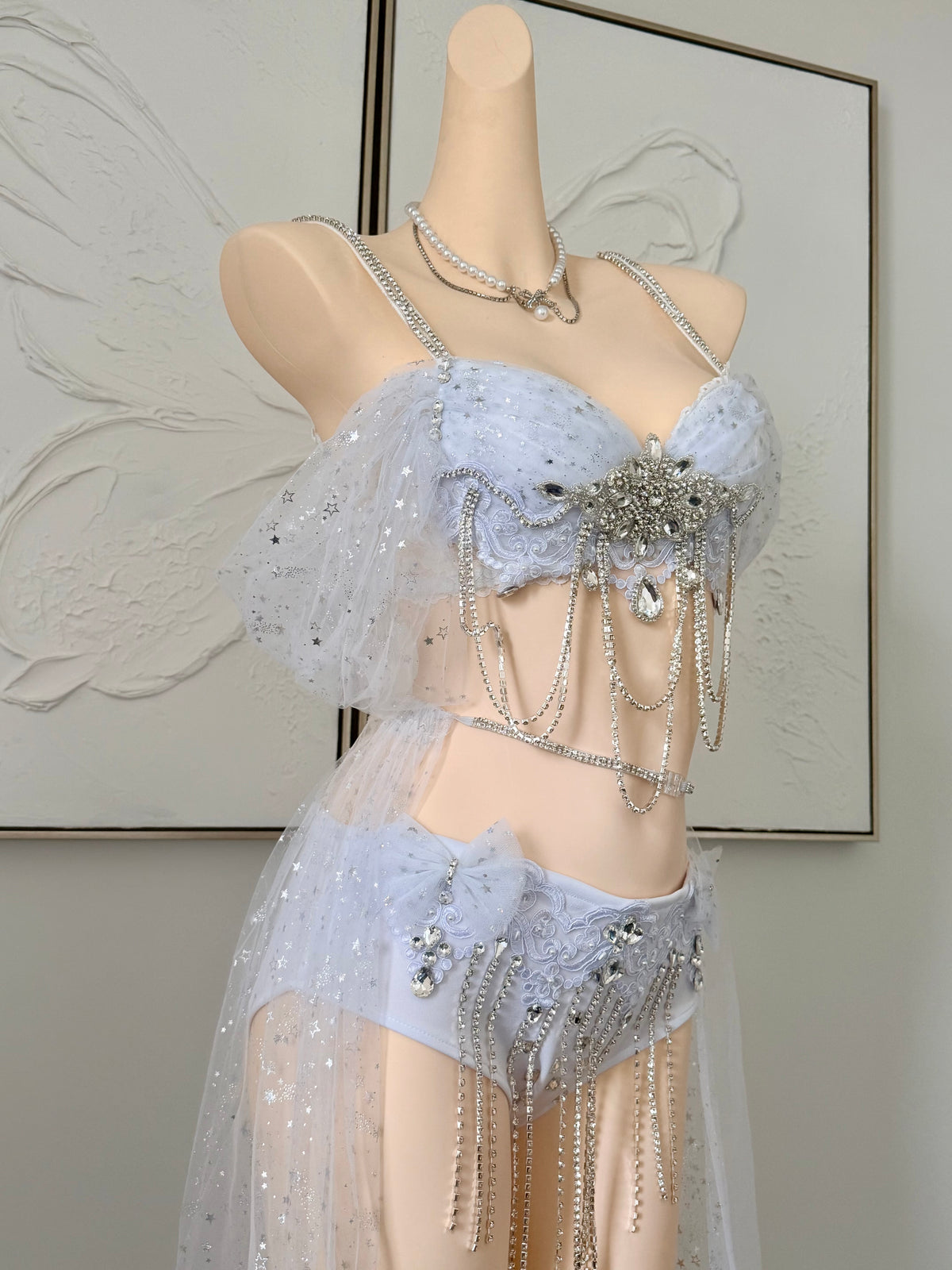 Starlight Angel Rave Festival Outfit | White Top + Bottom + Mesh Skirt