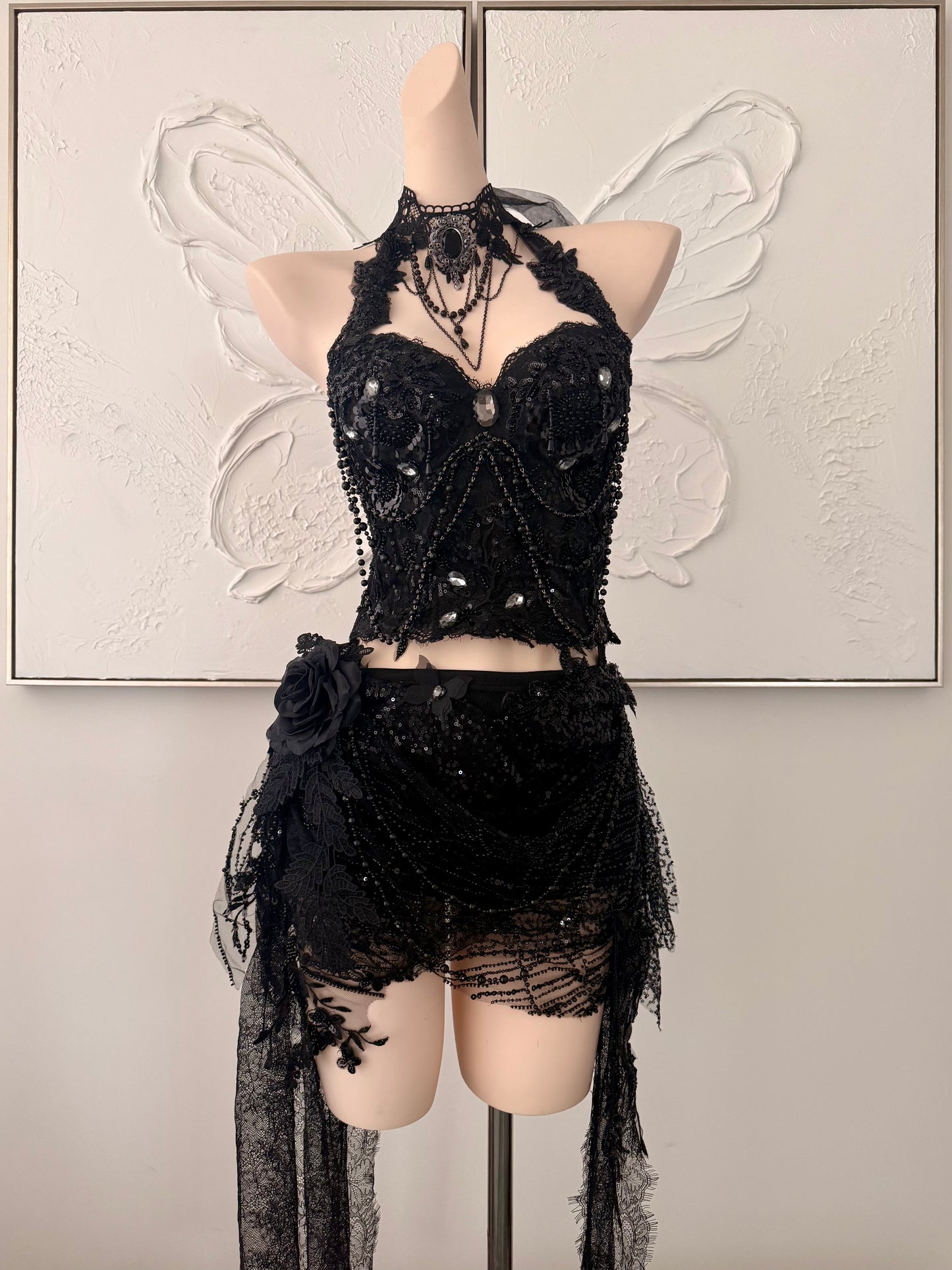 Nightshade Fae Fairy Set | Black Lace Rave Festival Outfit | Top + Skorts + Necklace