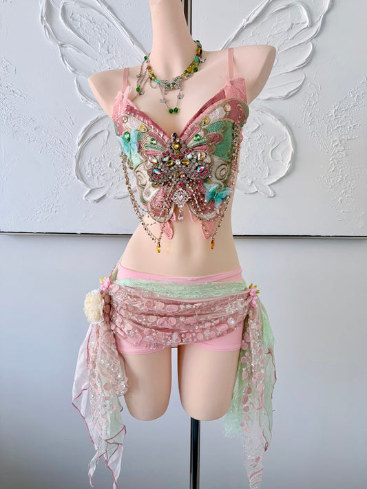 Butterfly Jewel Fairy Set | Fairy Rave Festival Outfit | Top + Skirt + Shorts + Necklace