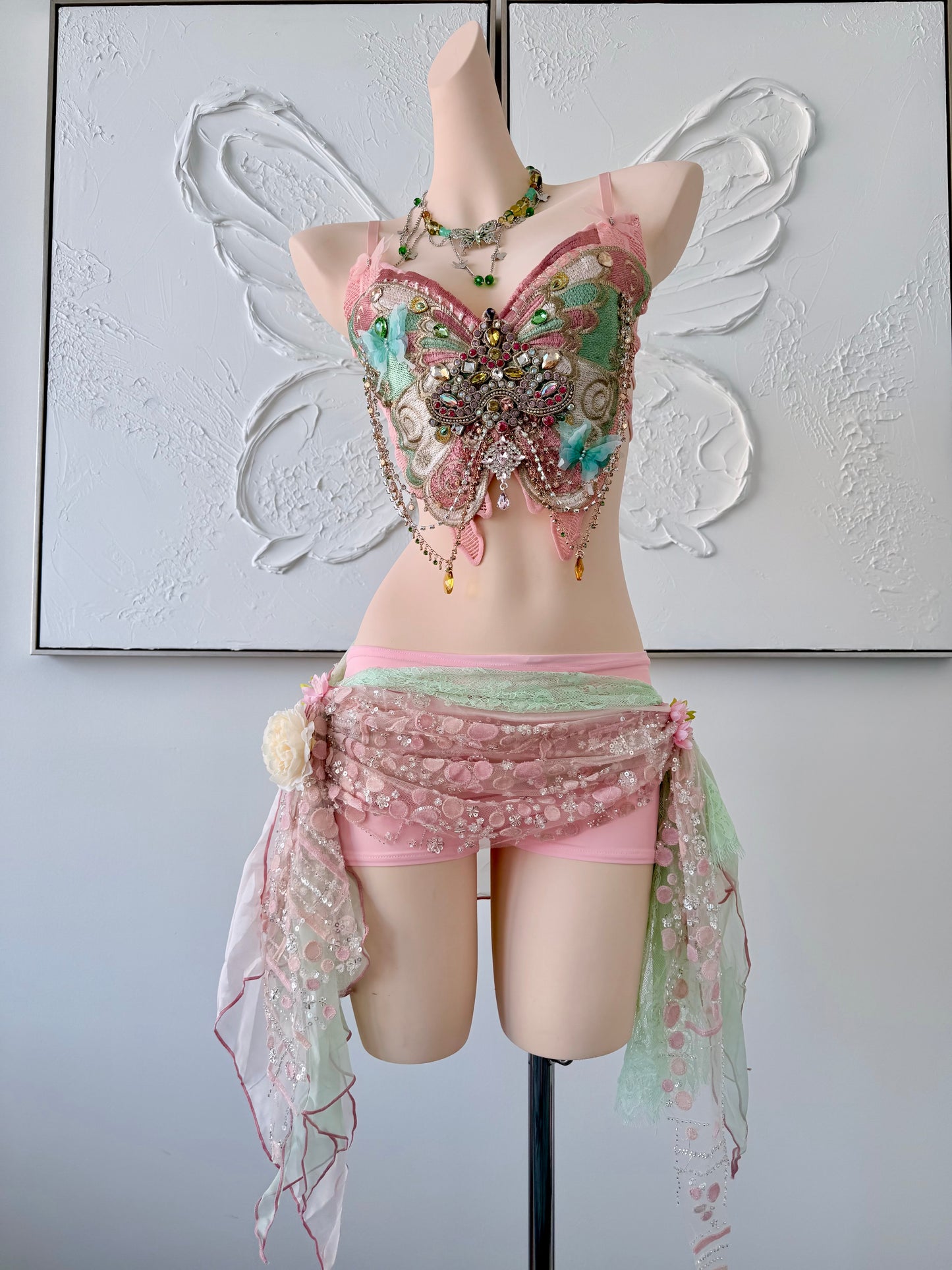 Butterfly Jewel Fairy Set | Fairy Rave Festival Outfit | Top + Skirt + Shorts + Necklace