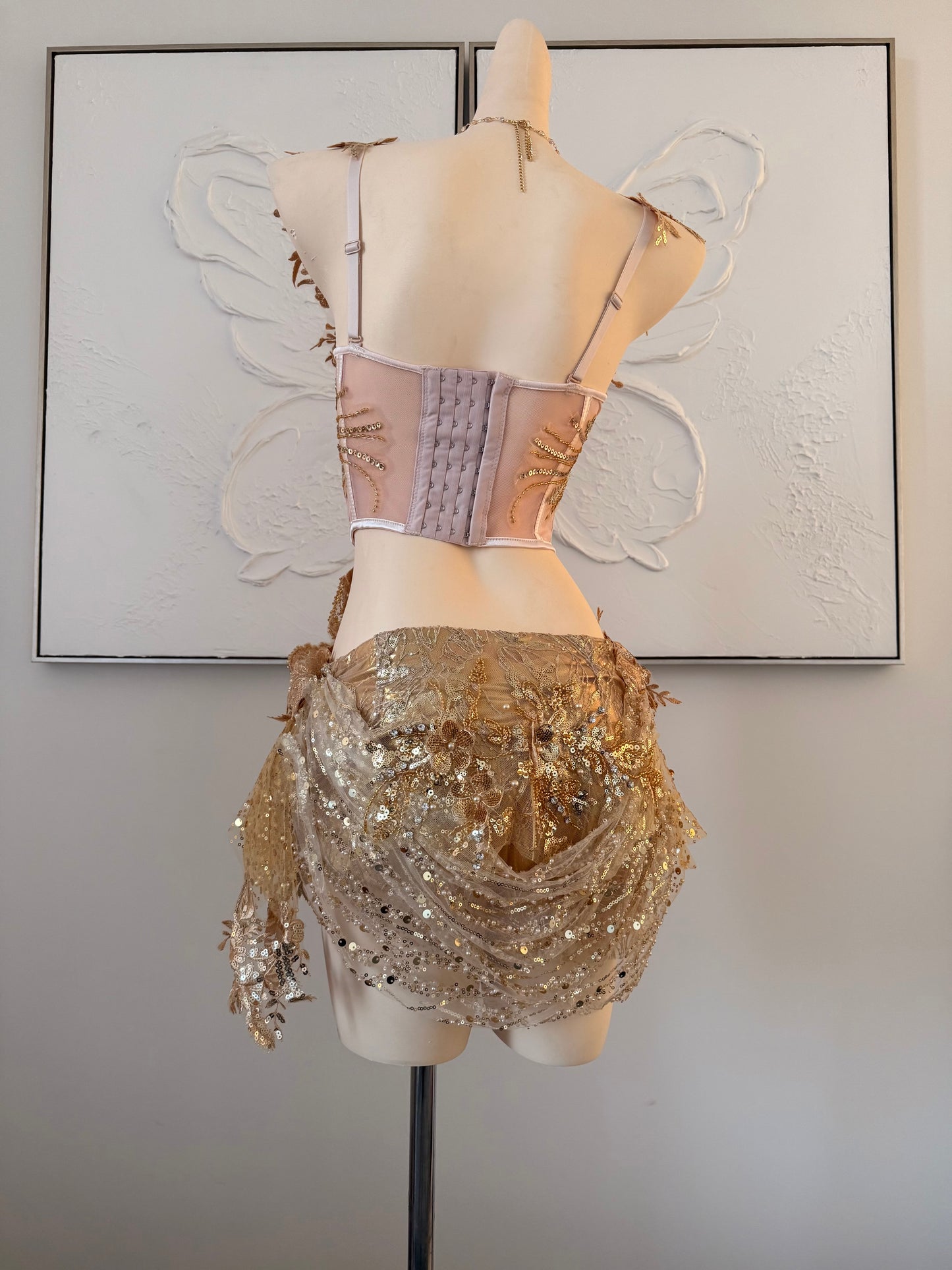 Gilded Fae Fairy Set | Golden Floral Rave Festival Outfit | Top + Skorts + Necklace (Copy)