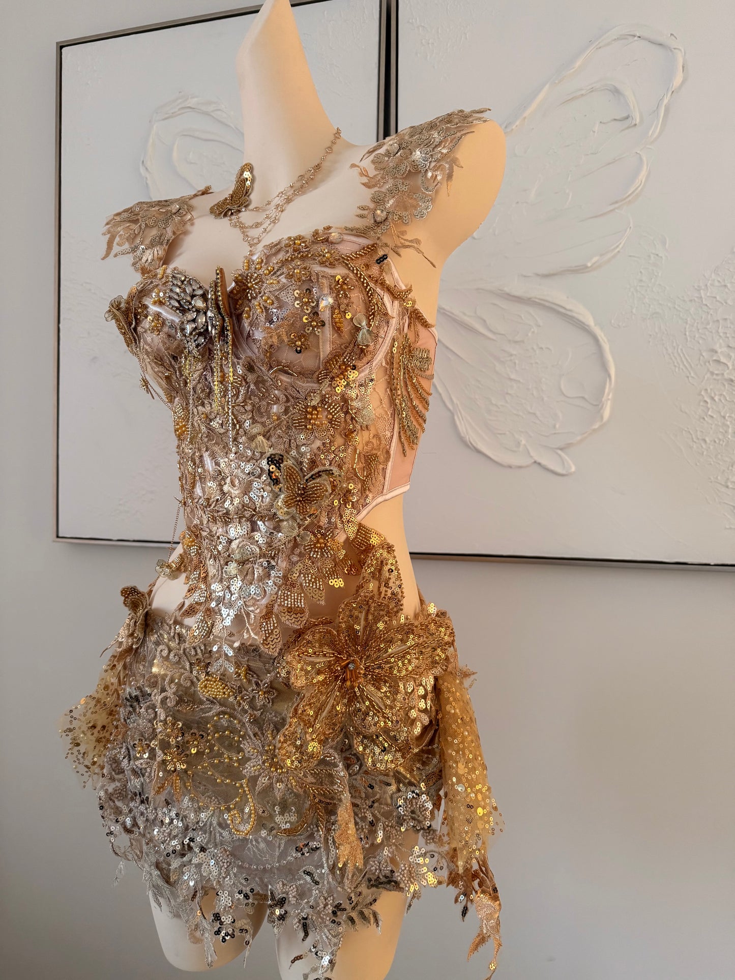 Gilded Fae Fairy Set | Golden Floral Rave Festival Outfit | Top + Skorts + Necklace (Copy)