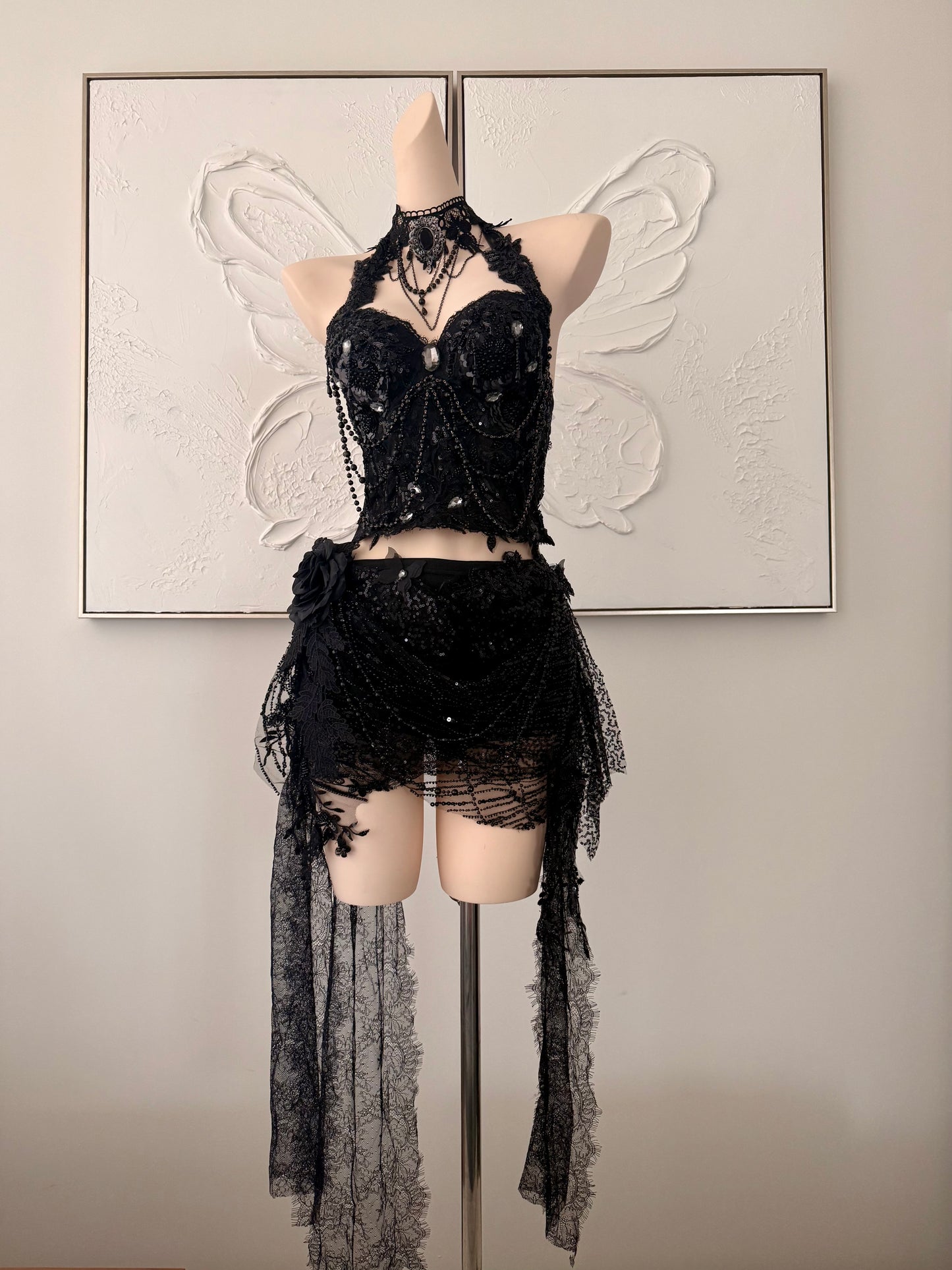Nightshade Fae Fairy Set | Black Lace Rave Festival Outfit | Top + Skorts + Necklace