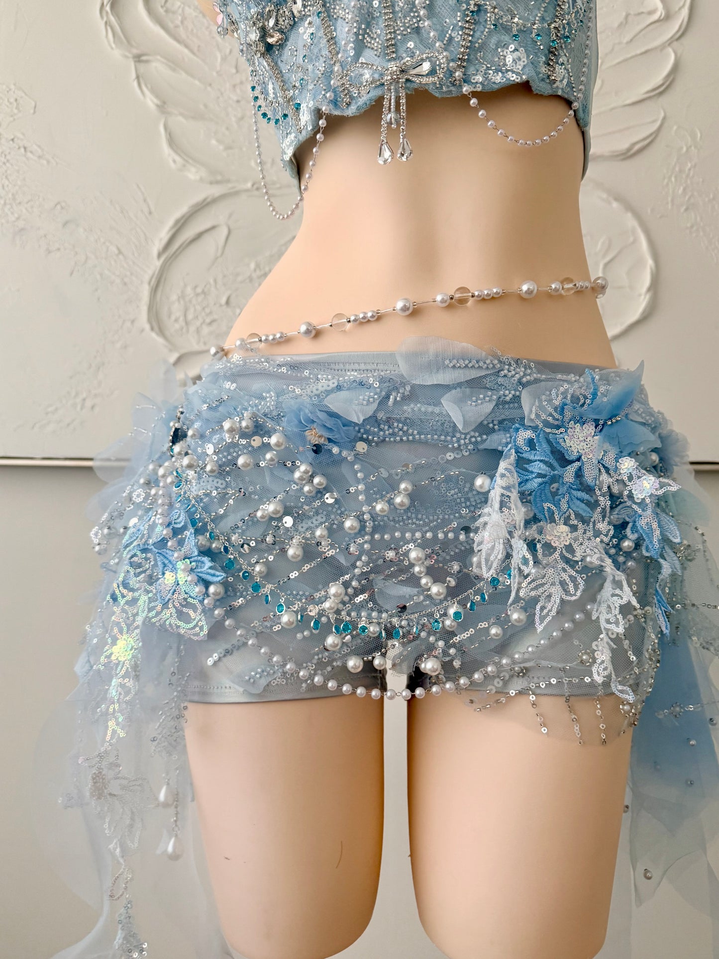 Moonlight Tide Fairy Set | Blue Floral Rave Festival Outfit | Top + Skirt + Shorts + Necklace + Waist Chain