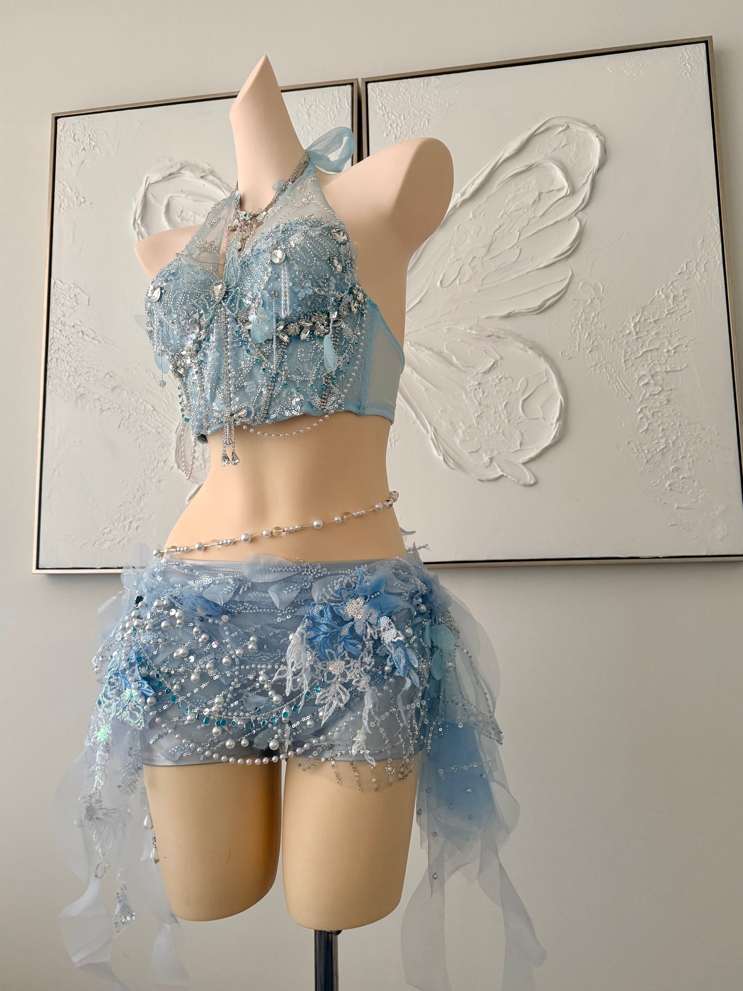 Moonlight Tide Fairy Set | Blue Floral Rave Festival Outfit | Top + Skirt + Shorts + Necklace + Waist Chain