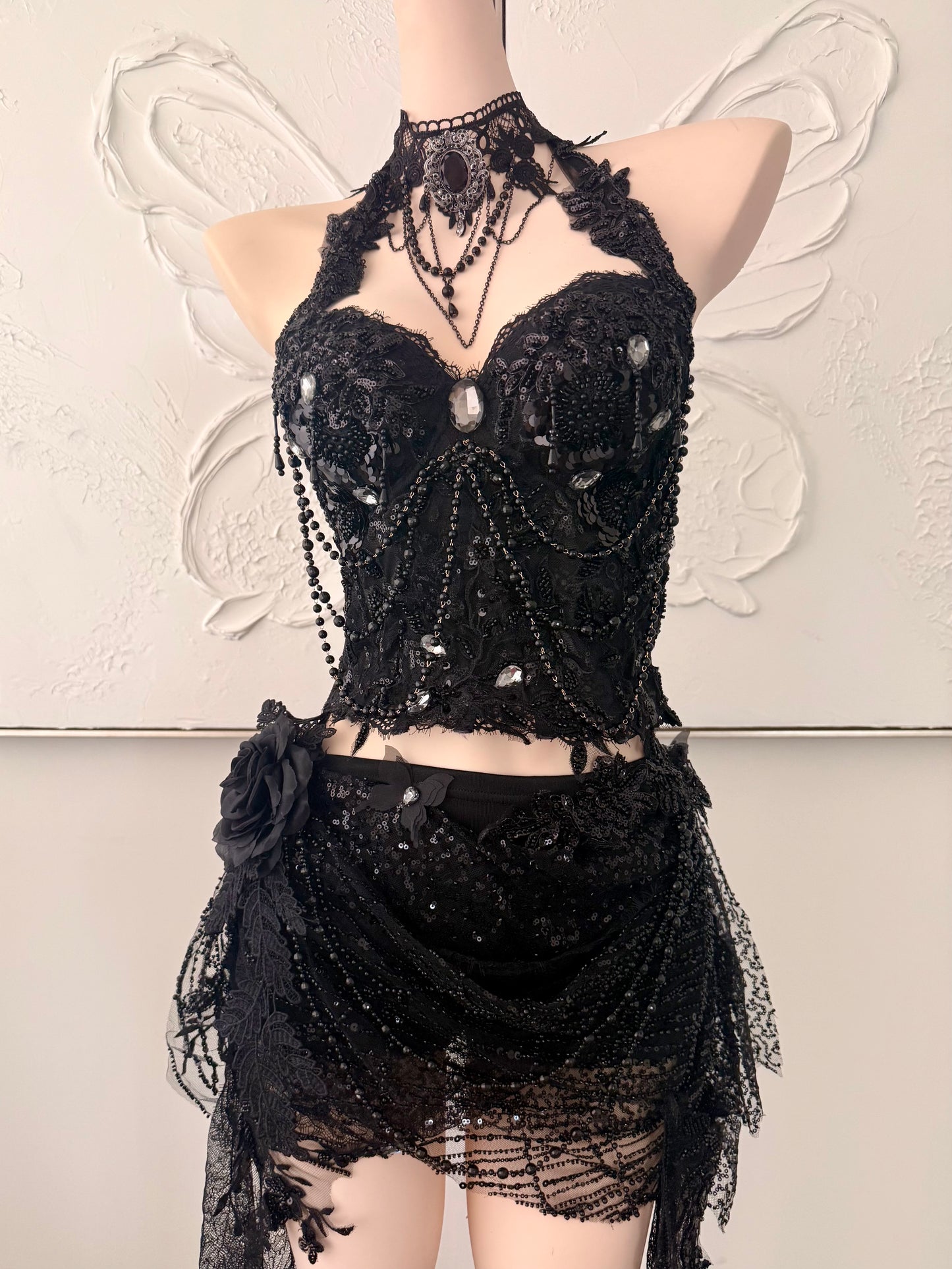 Nightshade Fae Fairy Set | Black Lace Rave Festival Outfit | Top + Skorts + Necklace