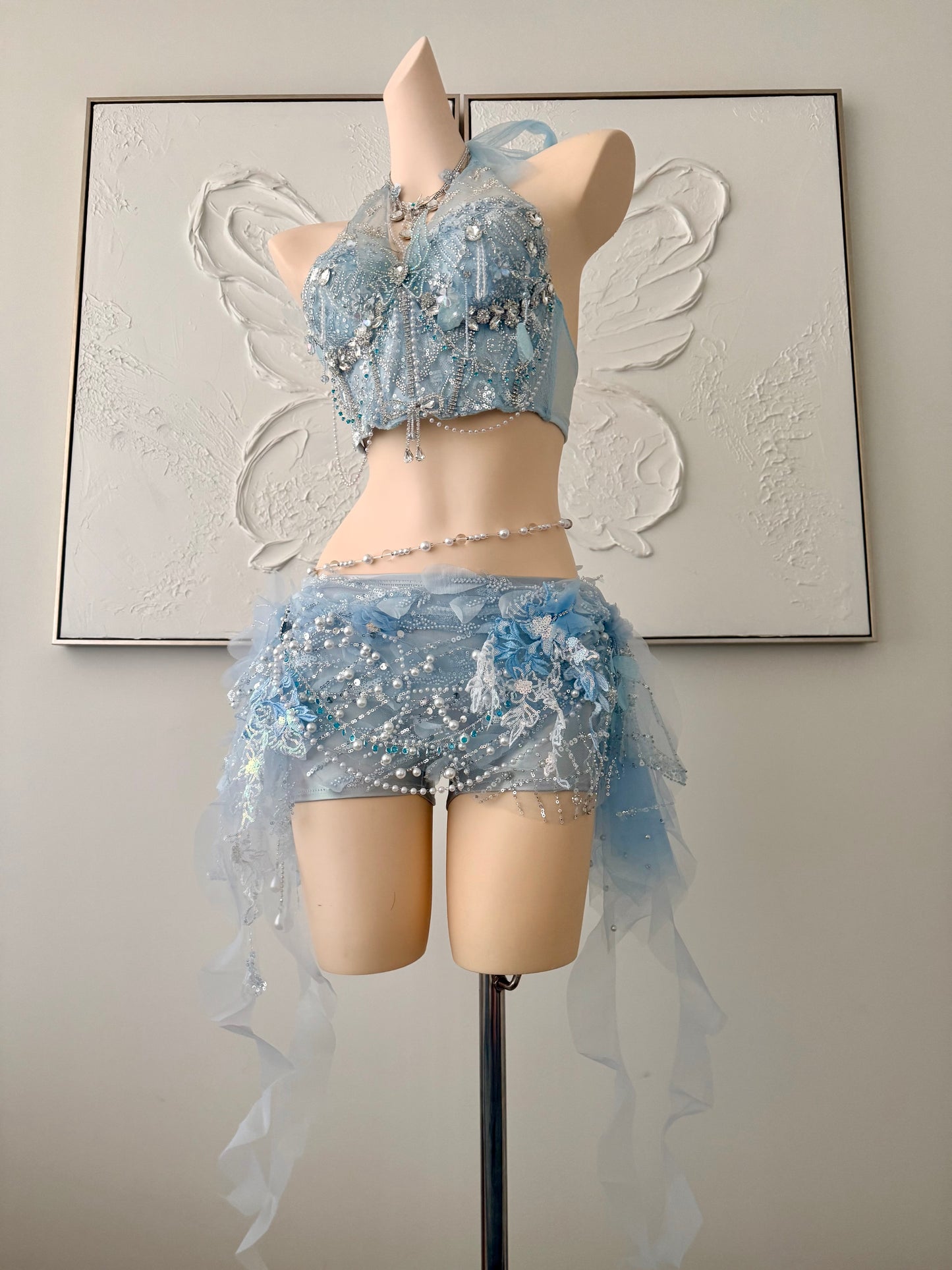 Moonlight Tide Fairy Set | Blue Floral Rave Festival Outfit | Top + Skirt + Shorts + Necklace + Waist Chain