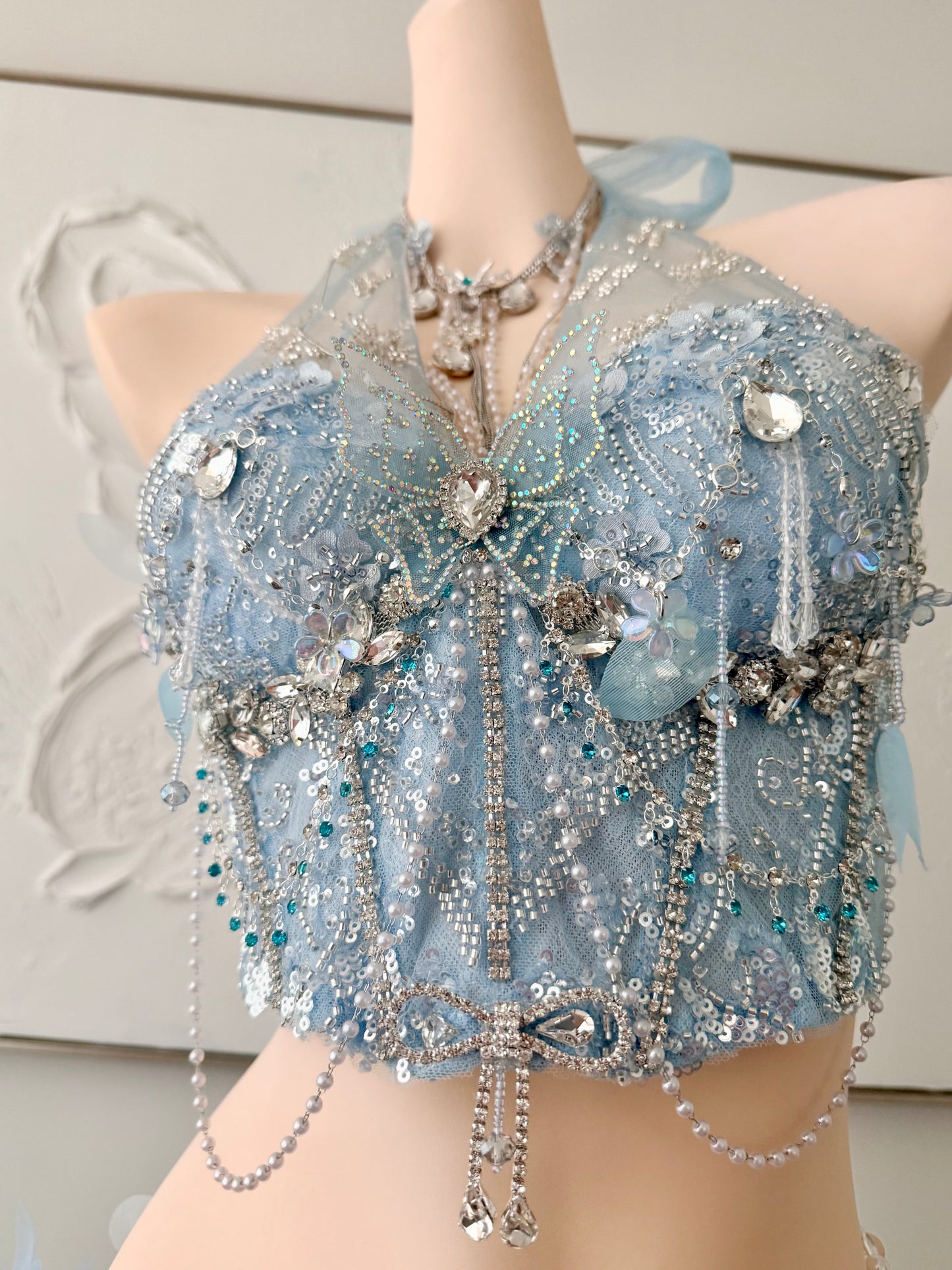 Moonlight Tide Fairy Set | Blue Floral Rave Festival Outfit | Top + Skirt + Shorts + Necklace + Waist Chain