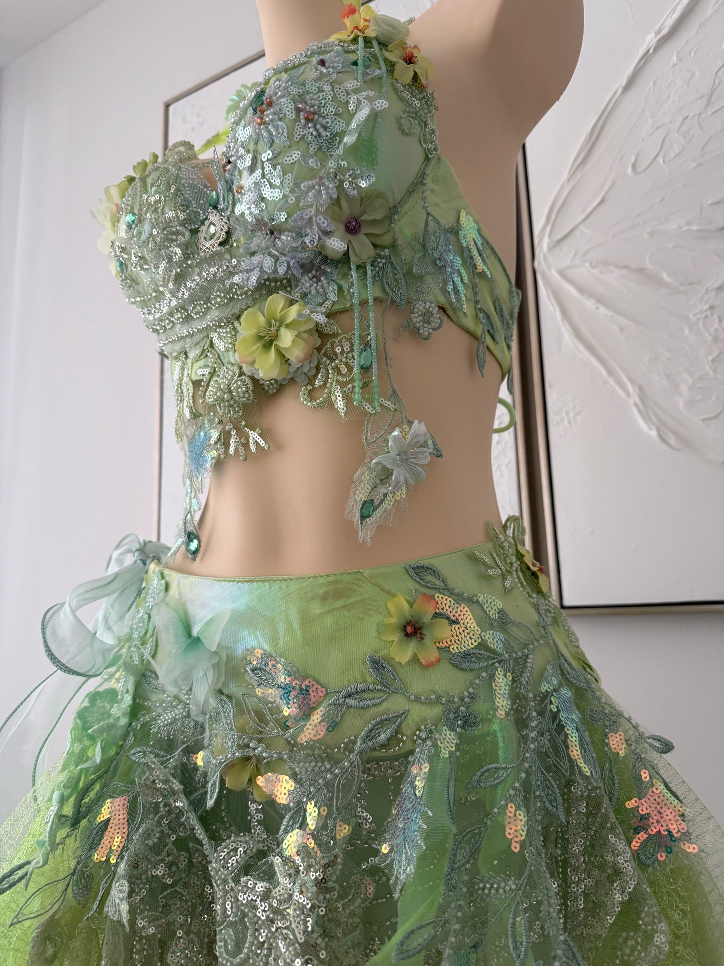 Forest Jewel Fairy Set | Green Floral Rave Festival Outfit | Top + Skirt + Shorts + Necklace