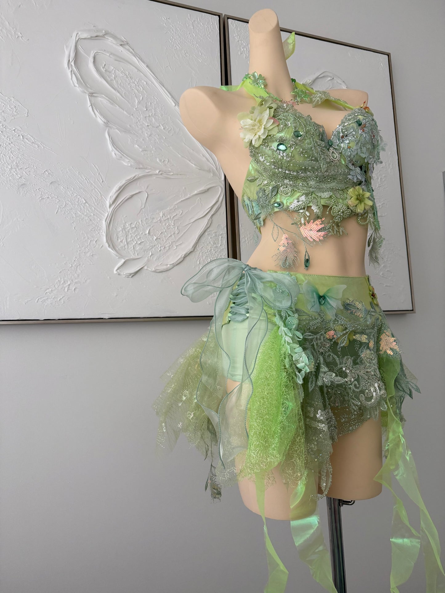 Forest Jewel Fairy Set | Green Floral Rave Festival Outfit | Top + Skirt + Shorts + Necklace