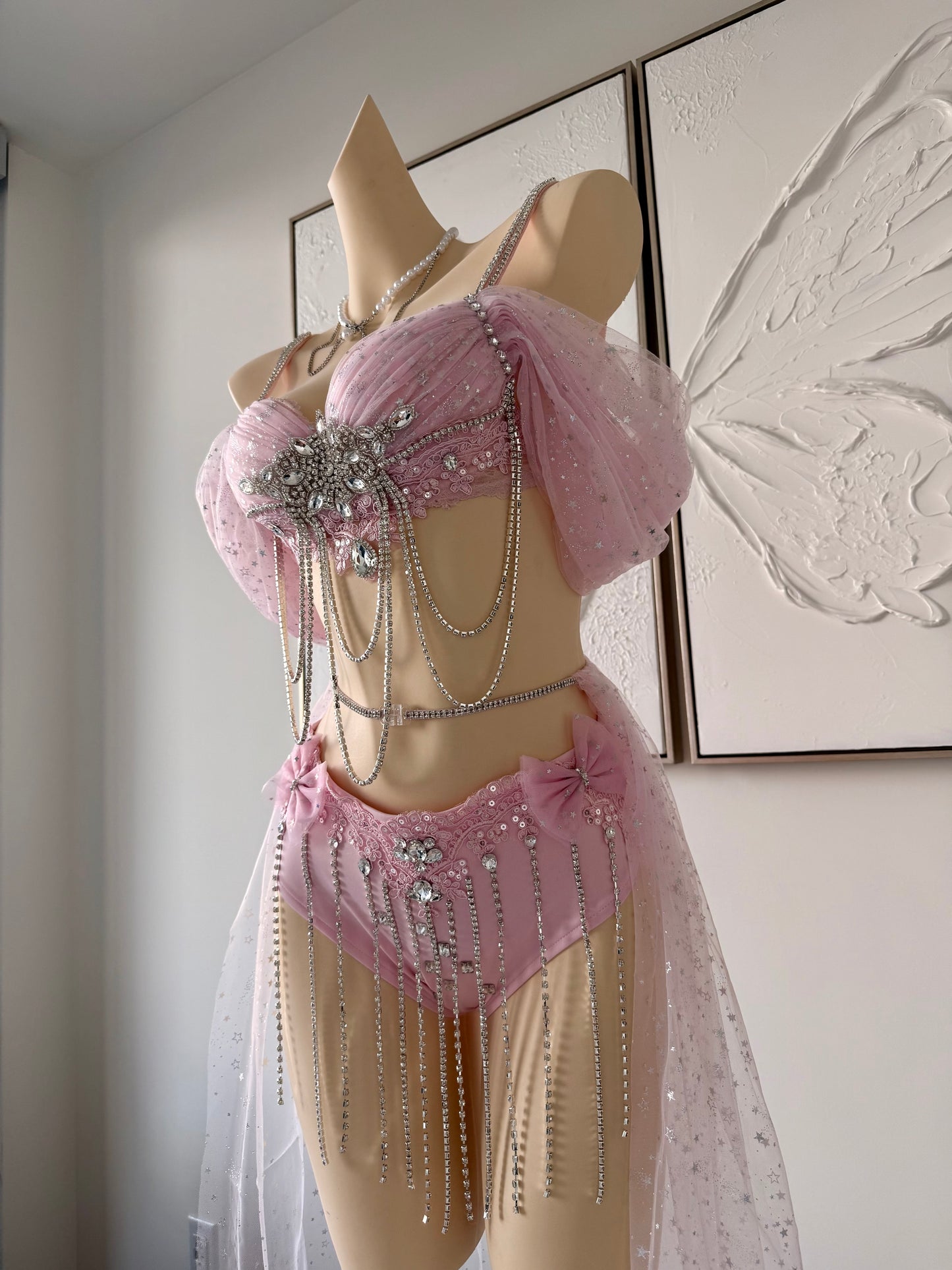 Blush Starlight Rave Festival Outfit | Pink Top + Bottom + Mesh Skirt