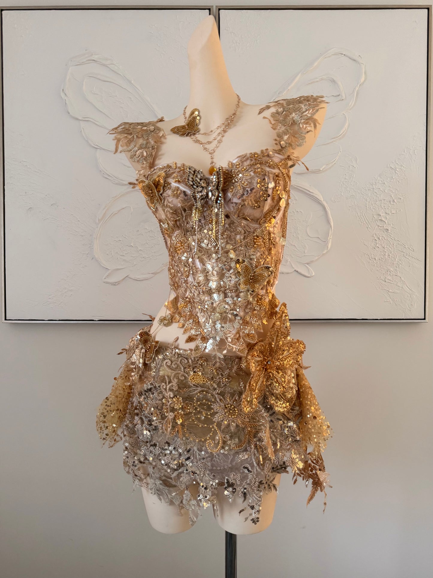 Gilded Fae Fairy Set | Golden Floral Rave Festival Outfit | Top + Skorts + Necklace (Copy)