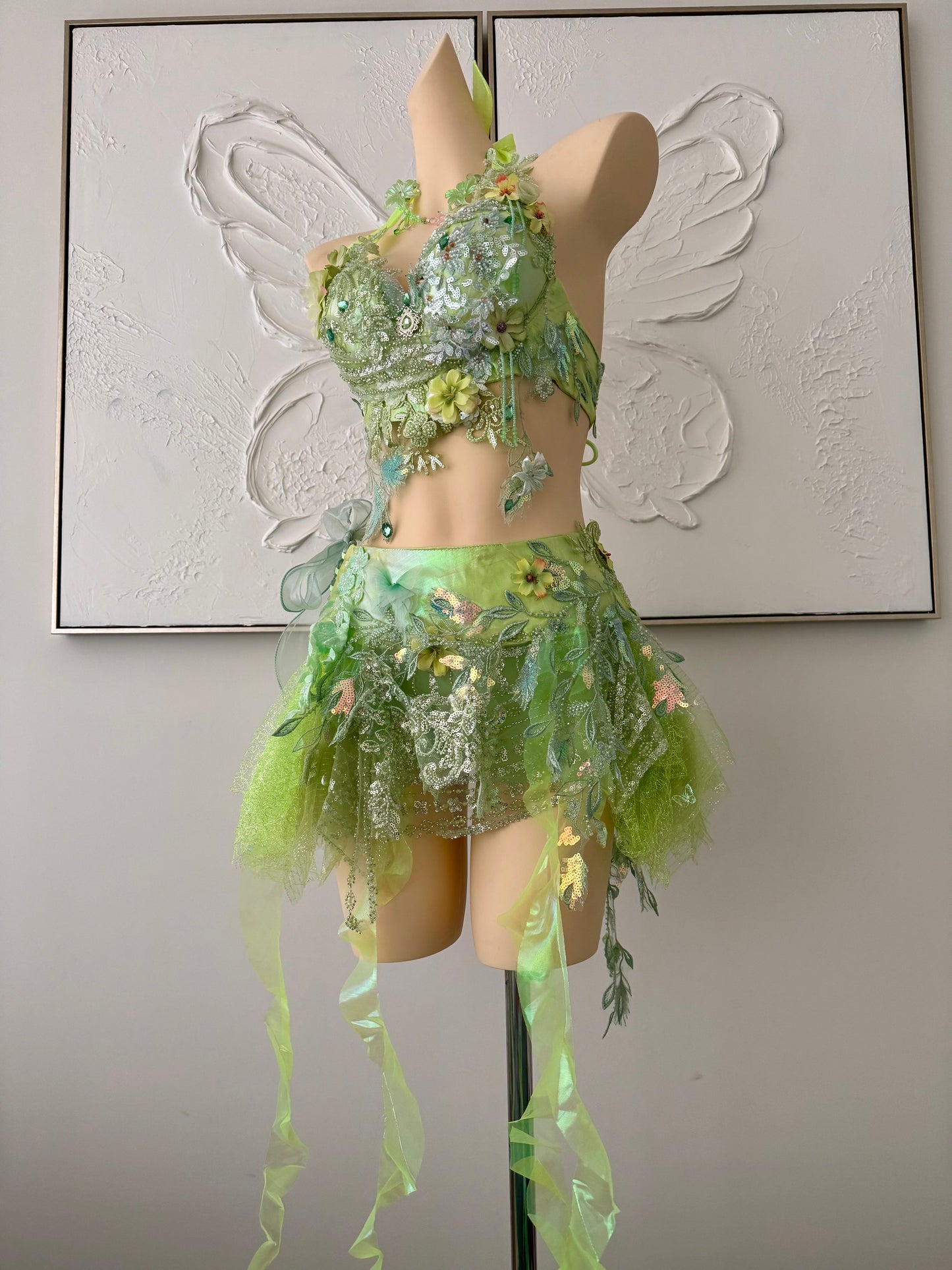 Forest Jewel Fairy Set | Green Floral Rave Festival Outfit | Top + Skirt + Shorts + Necklace