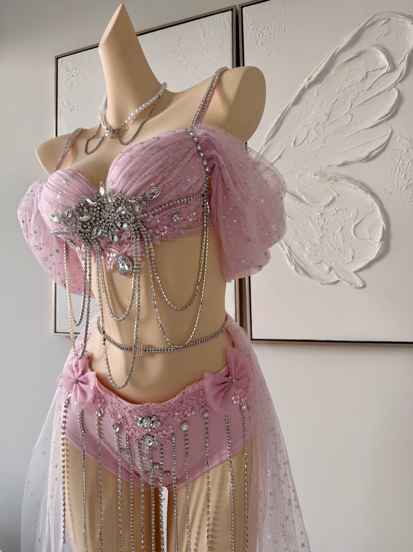 Blush Starlight Rave Festival Outfit | Pink Top + Bottom + Mesh Skirt
